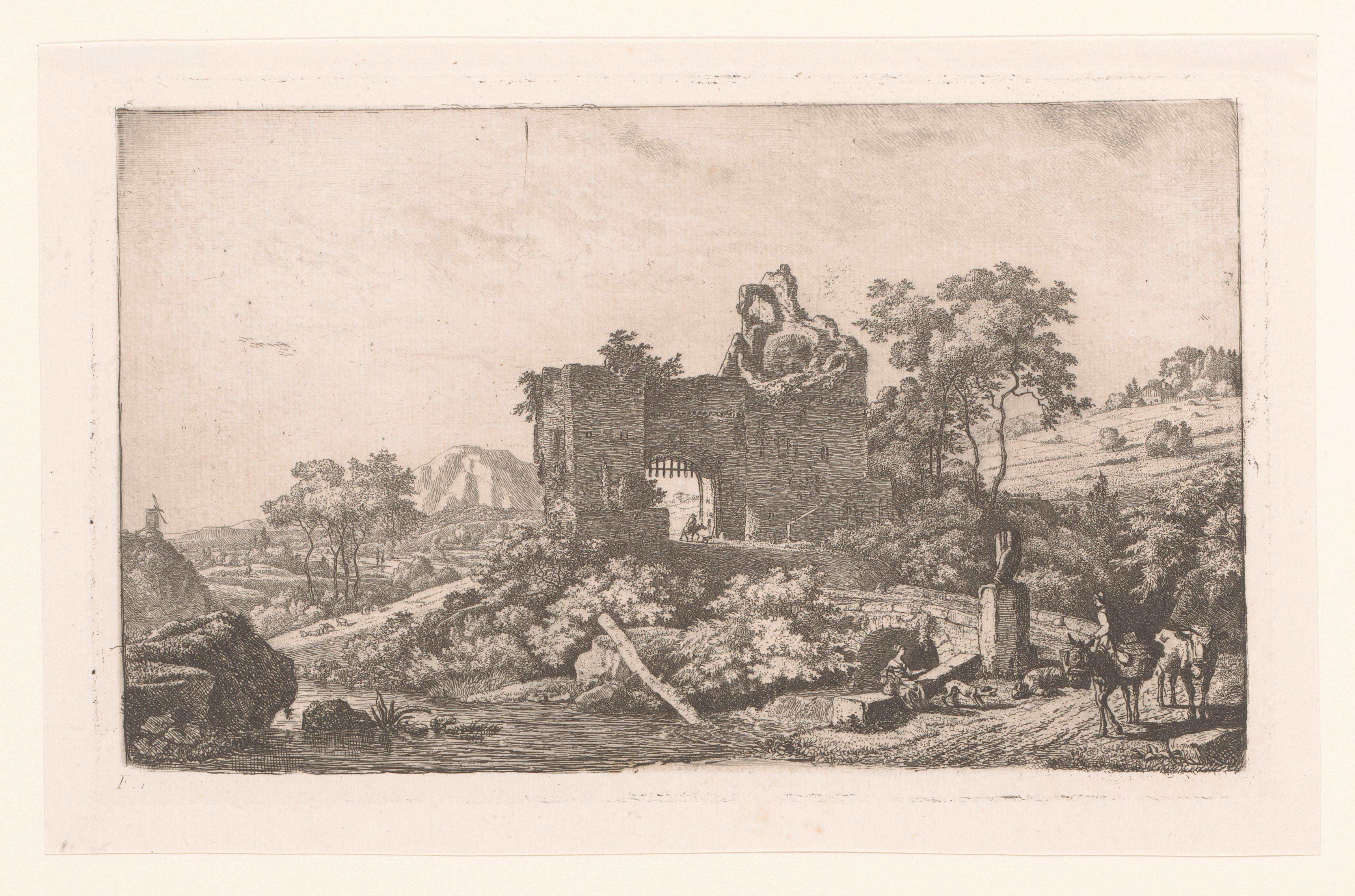 Landschap met ruïne van een poort en figuren