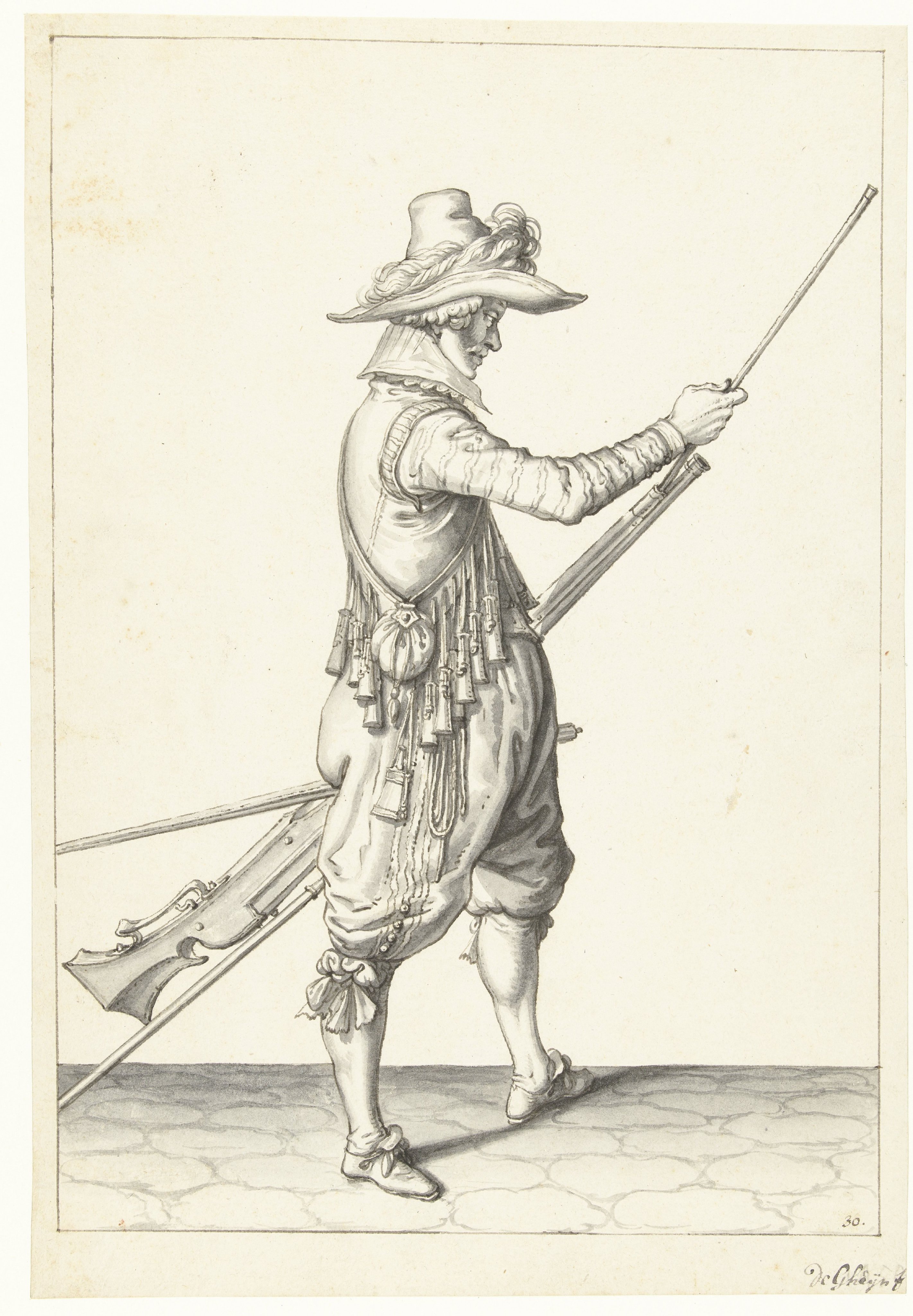 Soldaat die zijn laadstok in de houder onder de loop van zijn musket schuift