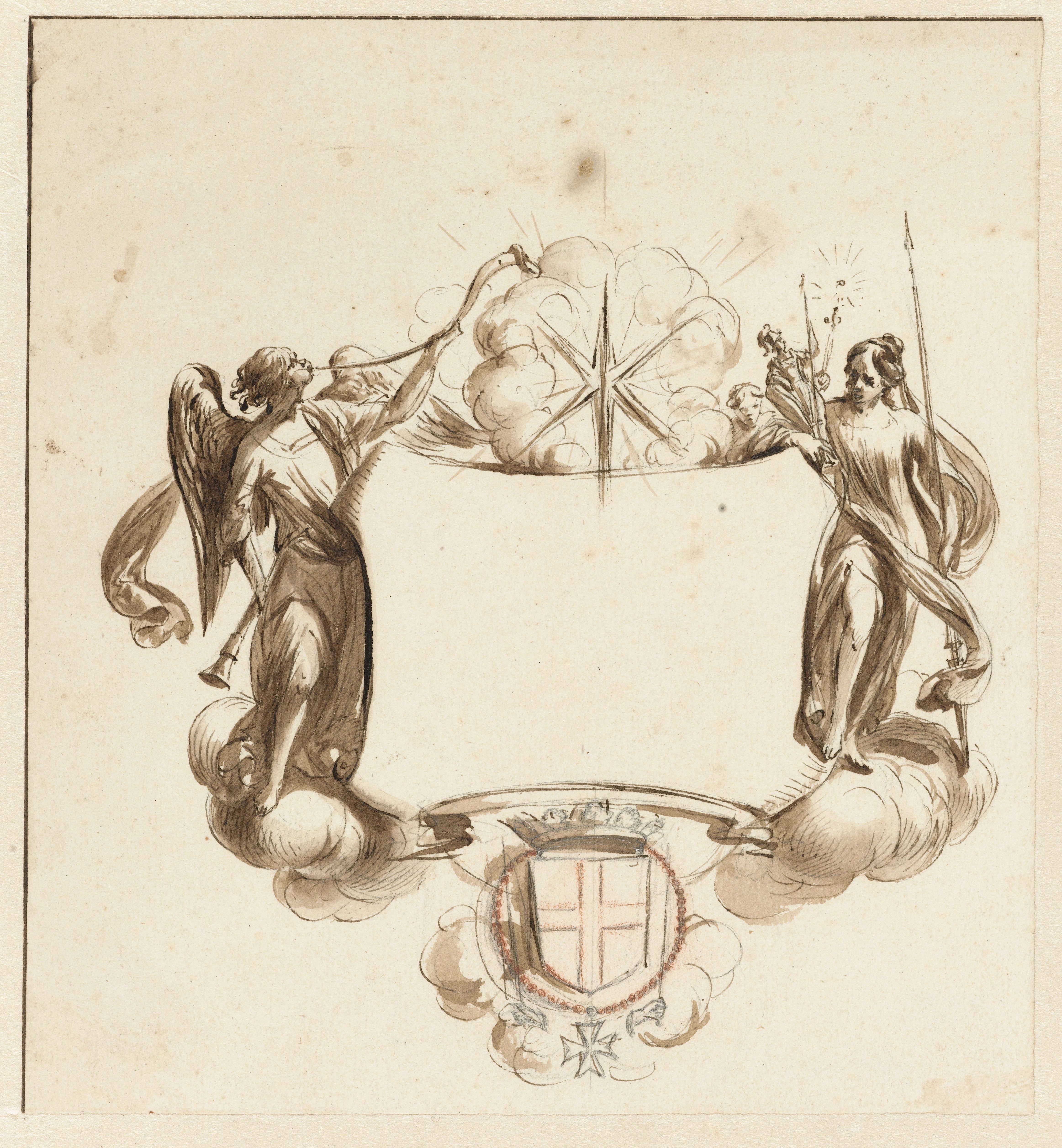 Cartouche met Fama en de Goddelijke en Menselijke Wijsheid