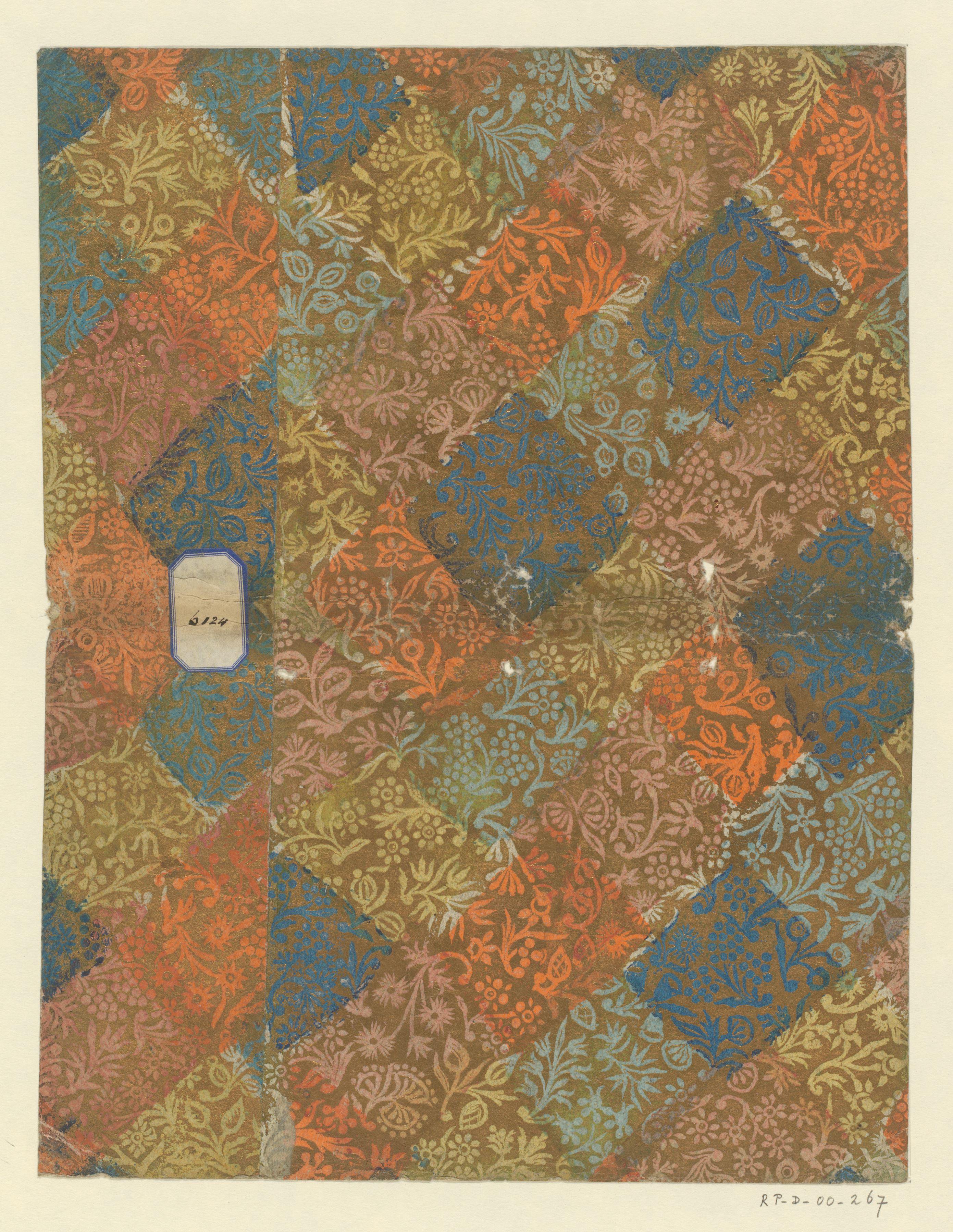 Blad met ranken met bloemen en vruchten, met etiket