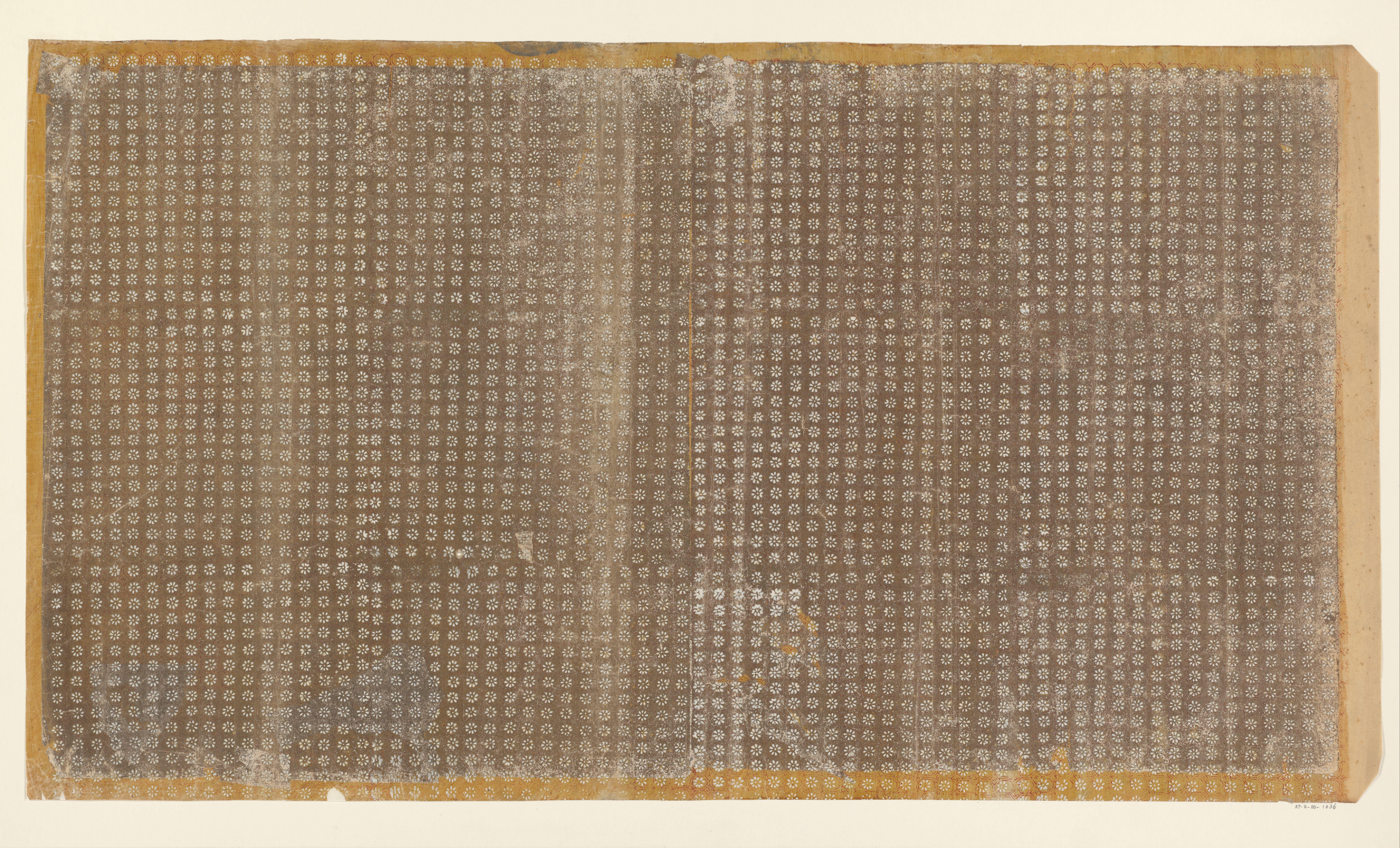 Blad met rasterpatroon van zeshoeken met bloemmotief en swastika (één van zes identieke bladen)