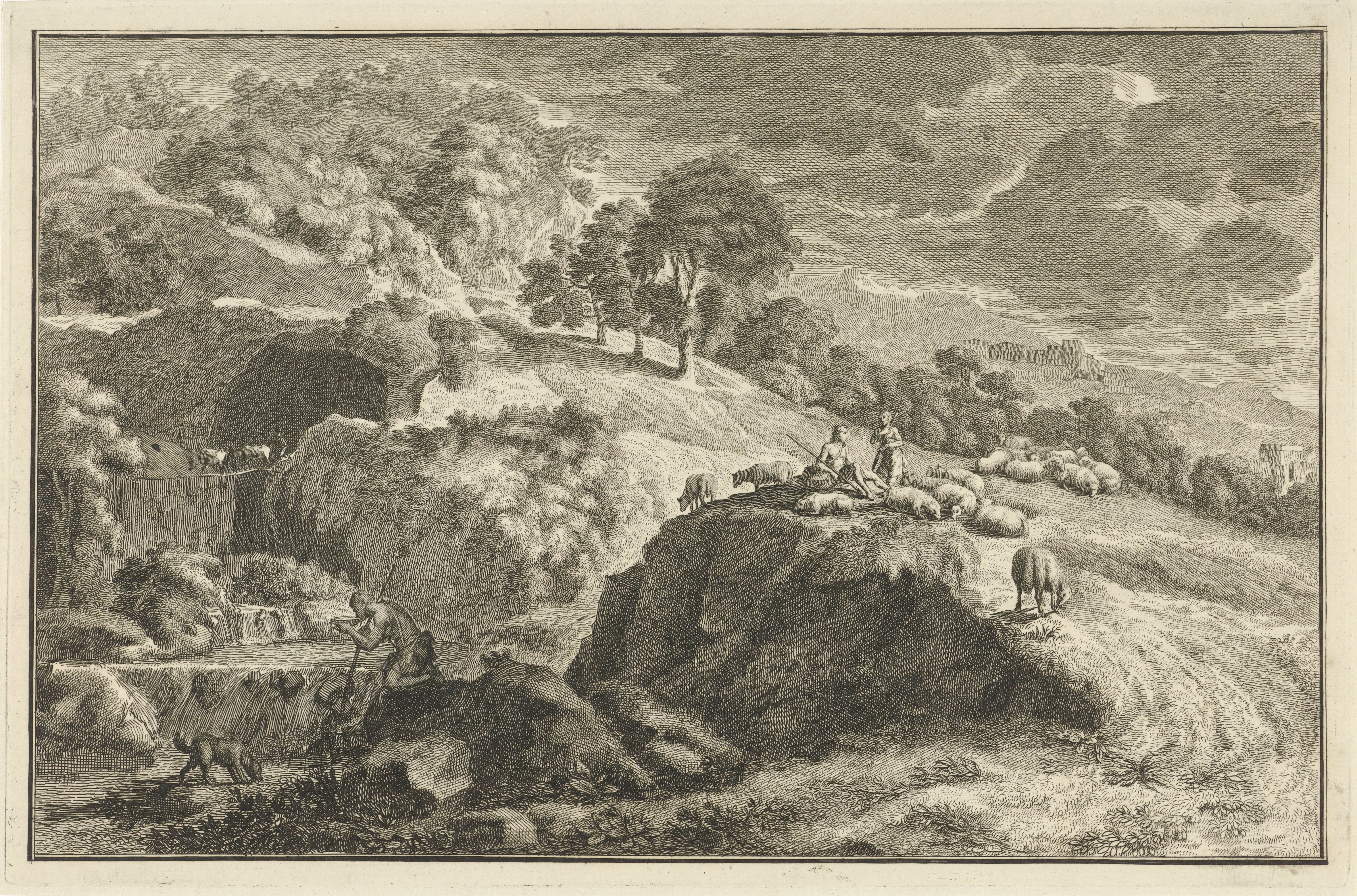 Arcadisch rivierlandschap met herders