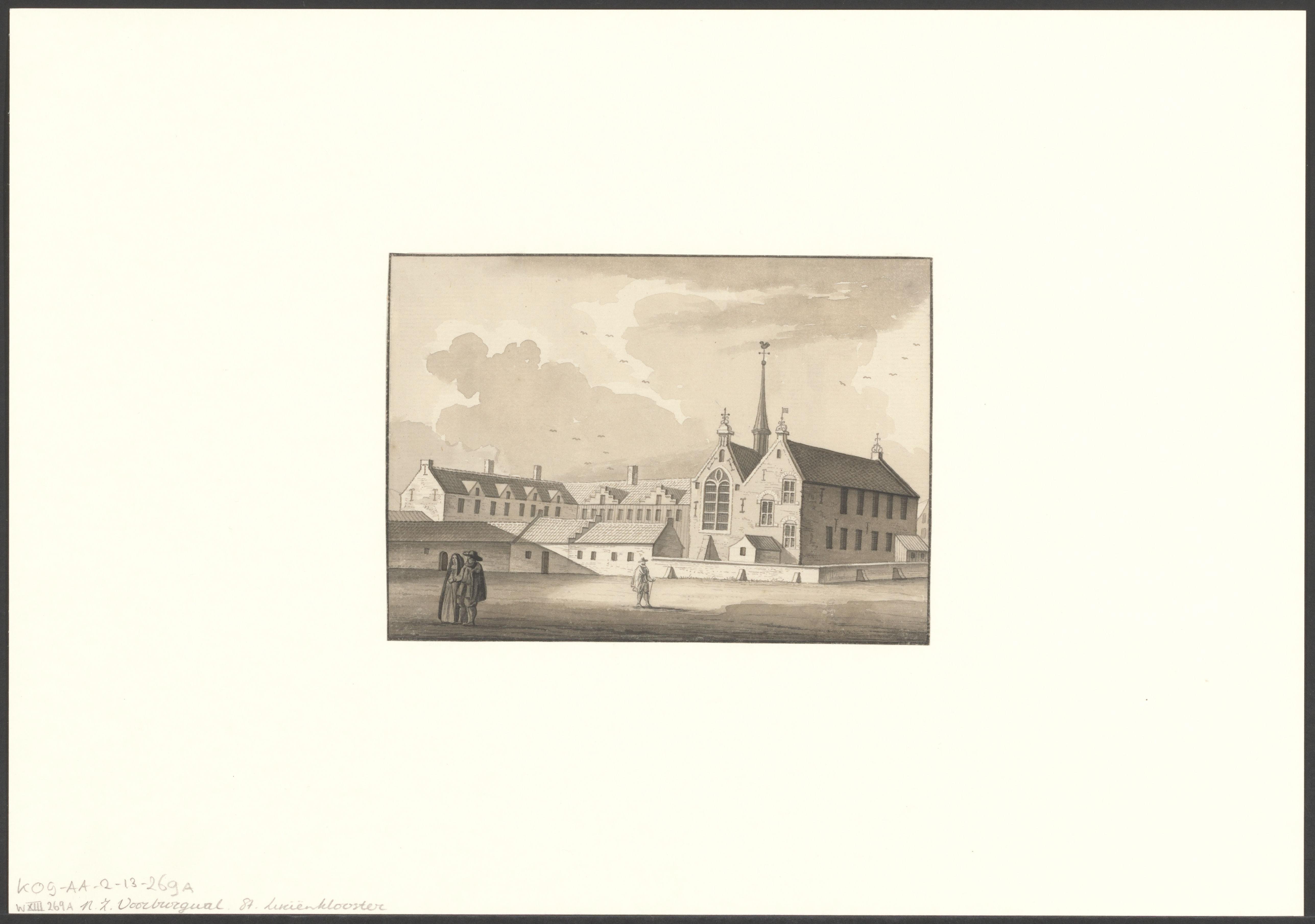 Gezicht op het Sint Luciënklooster aan de Nieuwezijds Voorburgwal