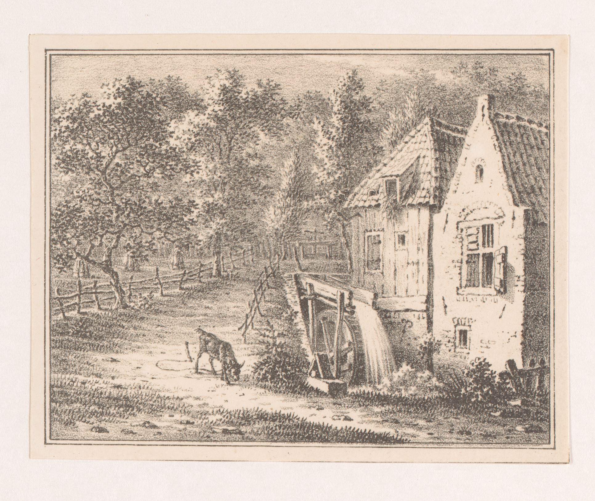 Landschap met watermolen en een grazende geit aan een touw