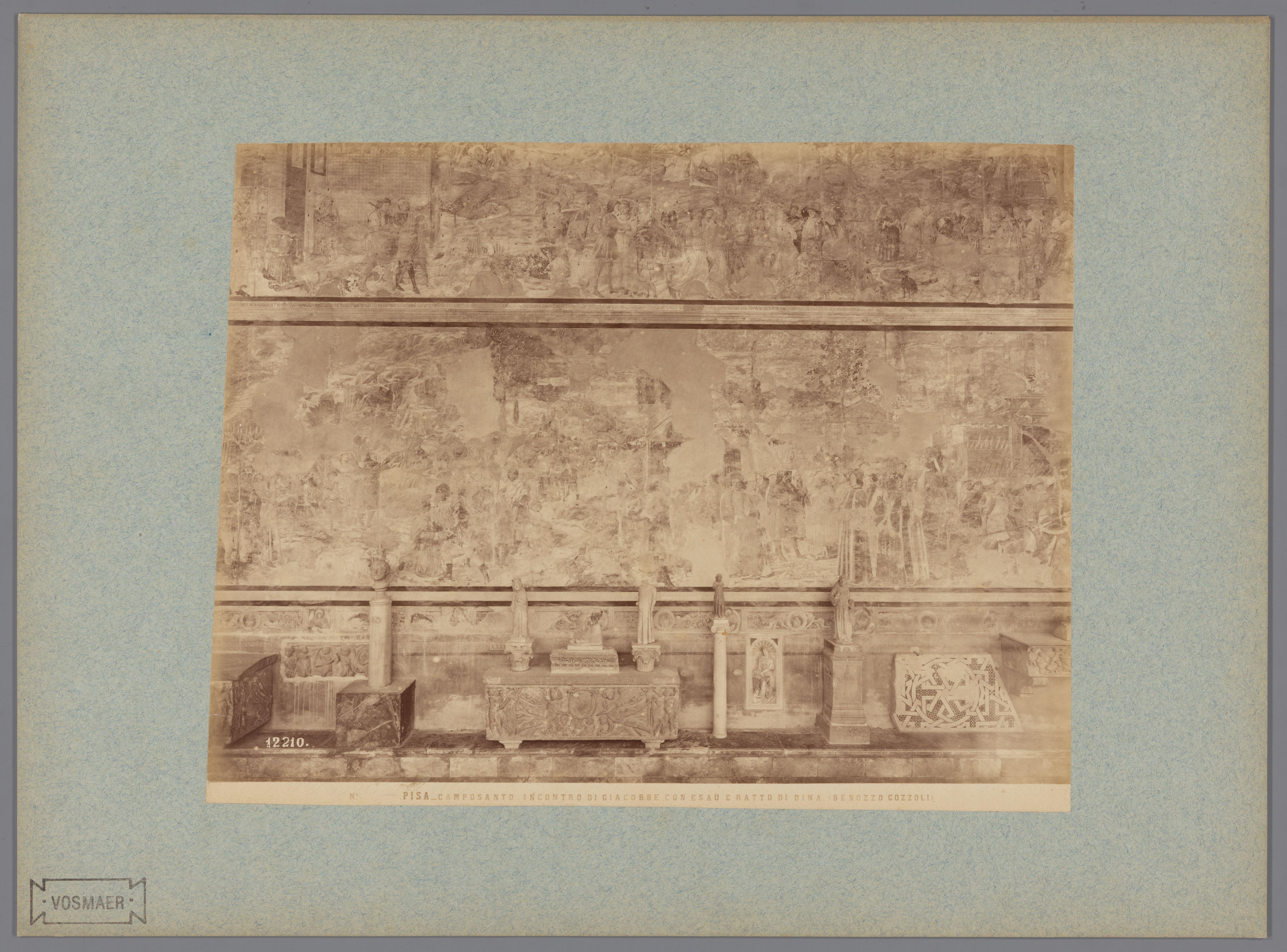Fotoreproductie van het fresco Ontmoeting van Jacob en Esau en de roof van Dina naar Benozzo Gozzoli in het Camposanto te Pisa, Italië