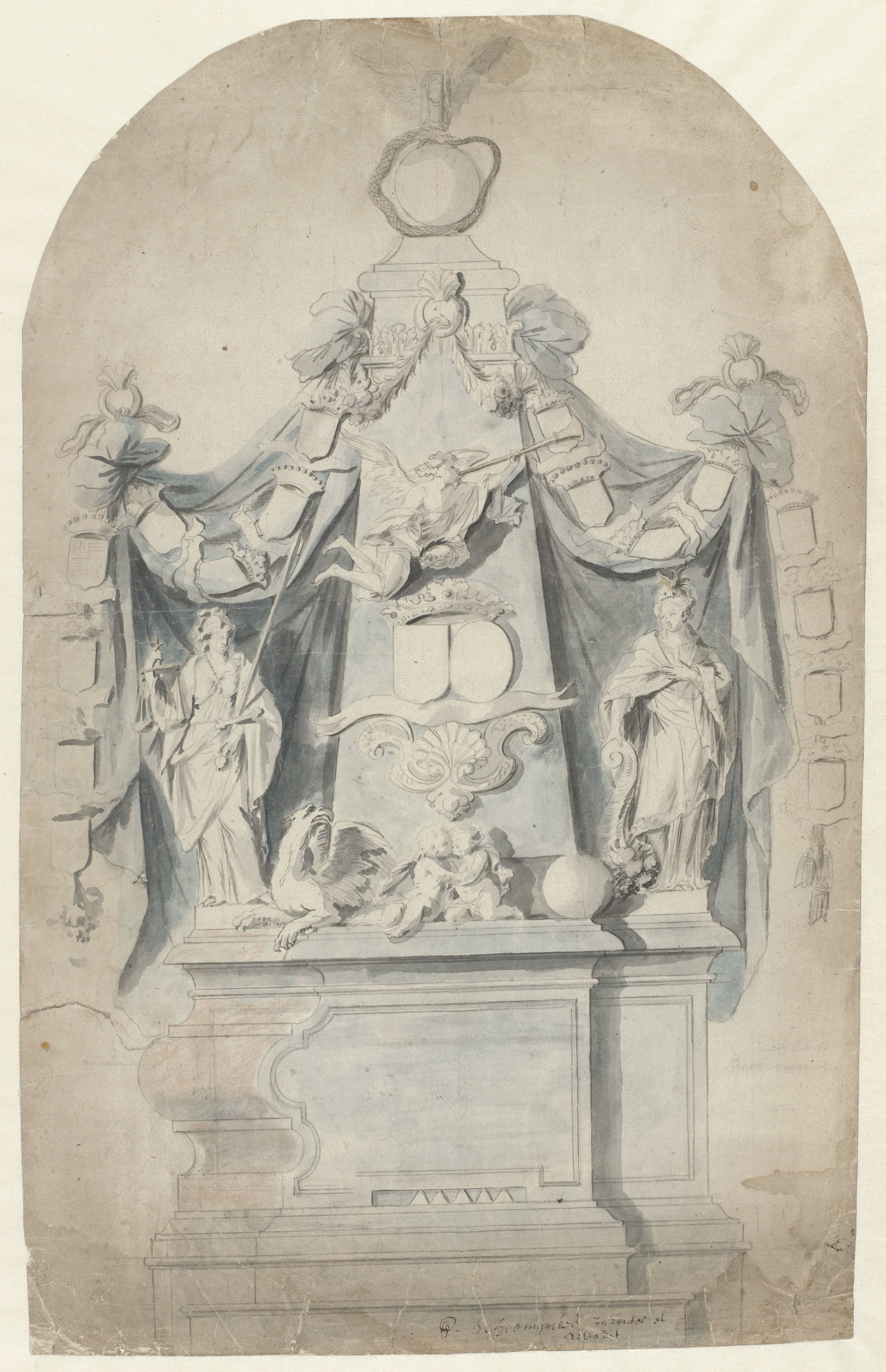 Ontwerp voor een grafmonument met Justitia, Fama en Abundantia