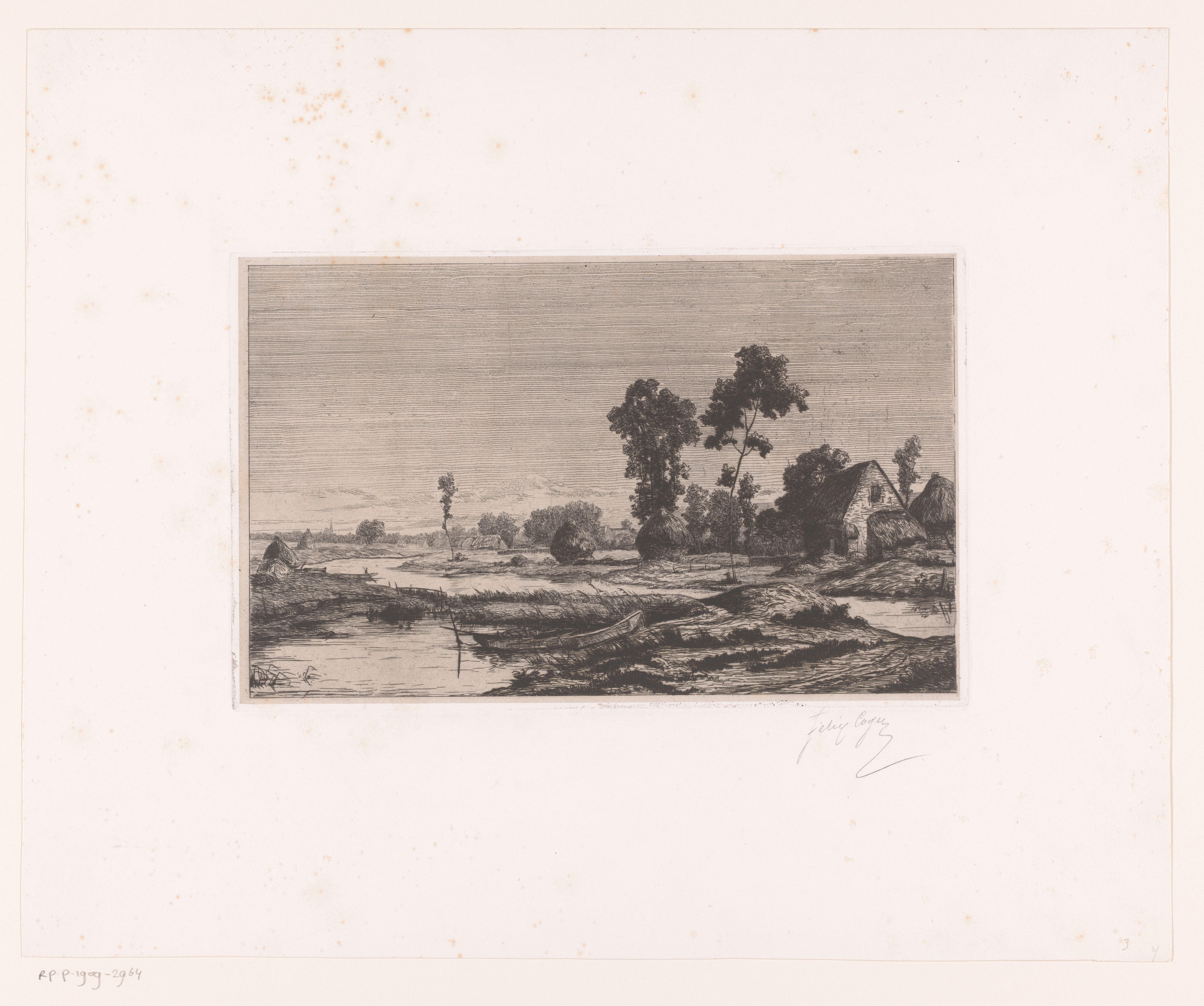Waterrijk landschap met boerderij en hooibergen