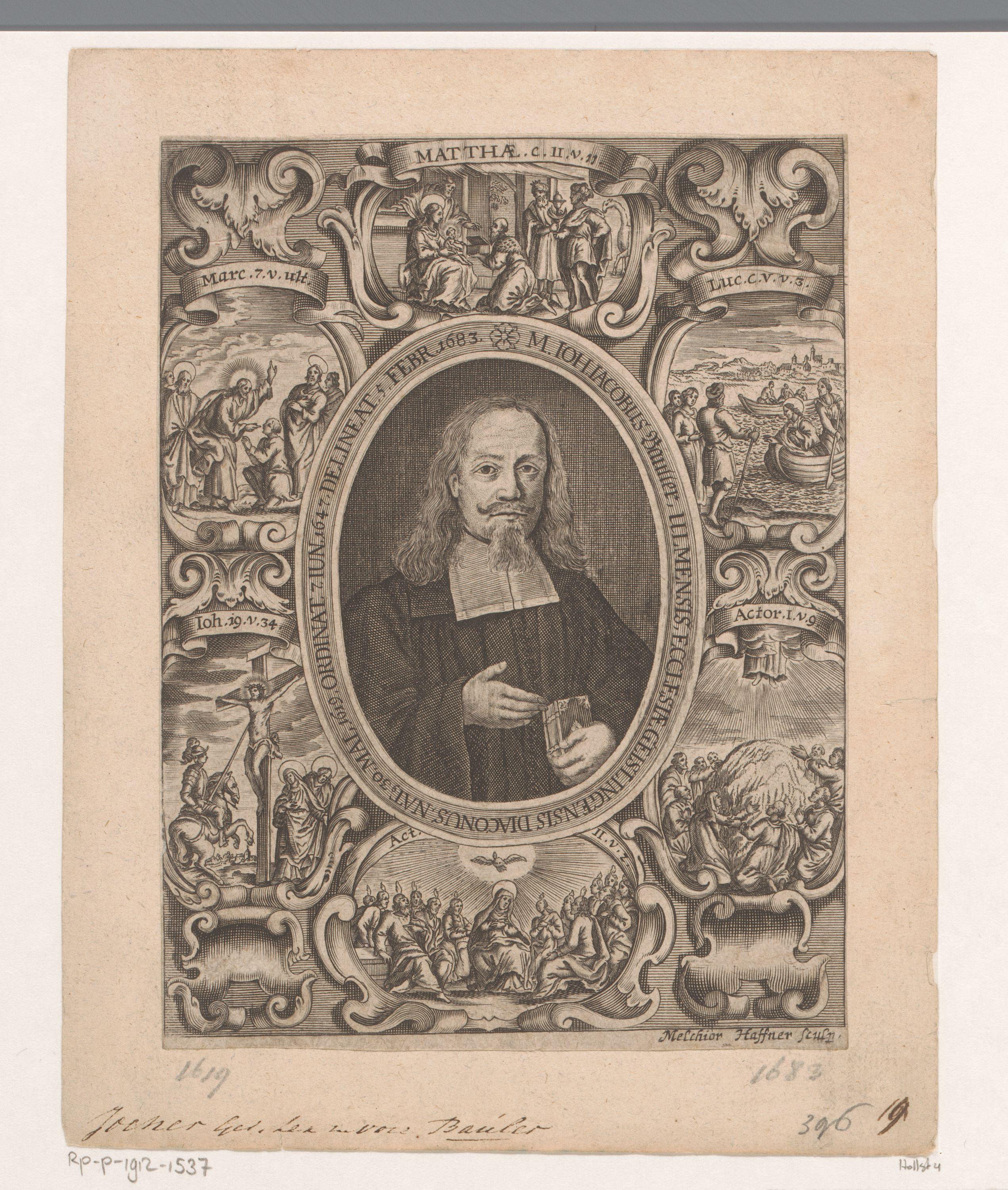 Portret van Johann Jacob Bauller omlijst door zes cartouches met scènes uit het leven van Christus