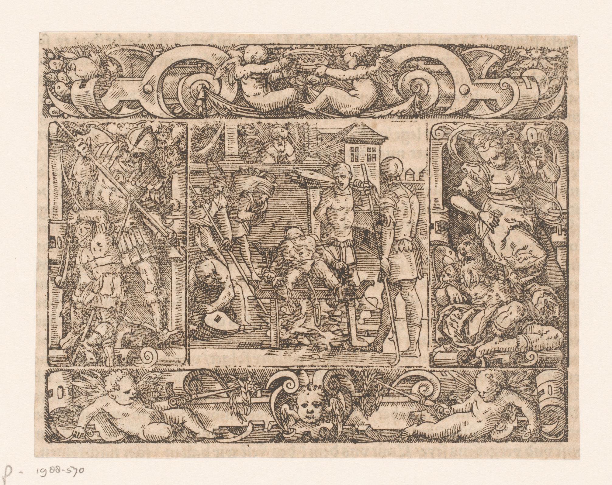 Martelaarschap van de heilige Laurentius, in een omlijsting met David en Goliath en Jael en Sisera