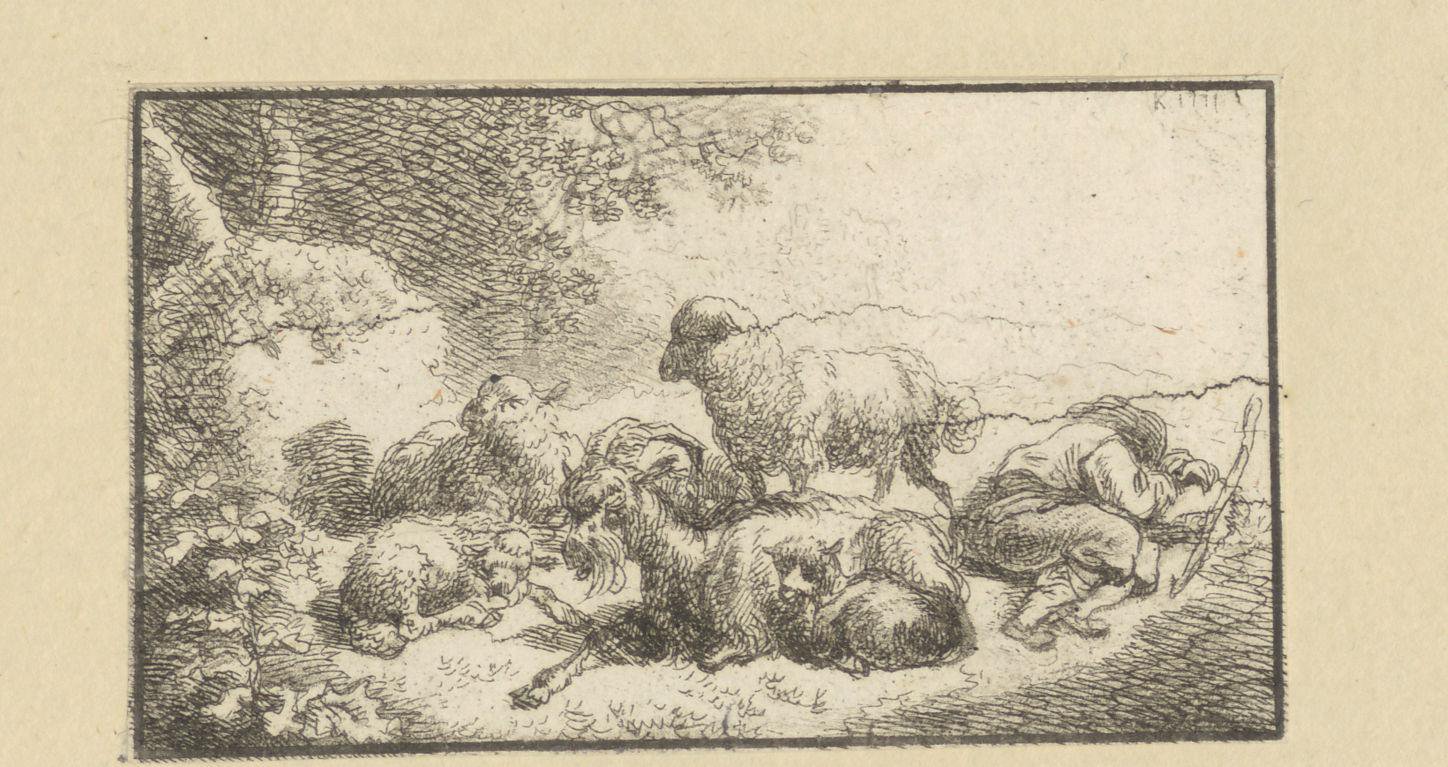 Landschap met geit en schapen bij een slapende herder