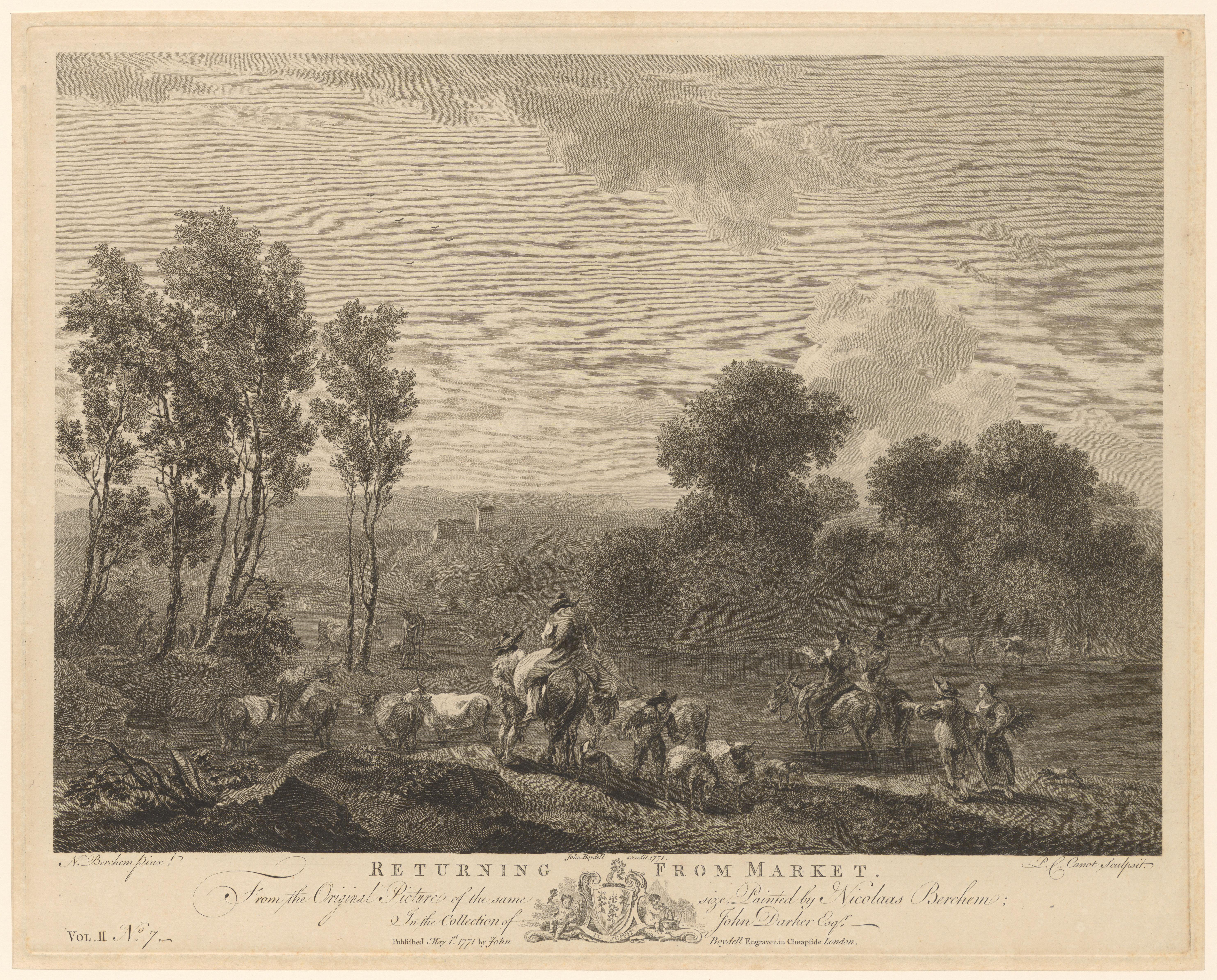 Landschap met herders en reizigers aan een oever