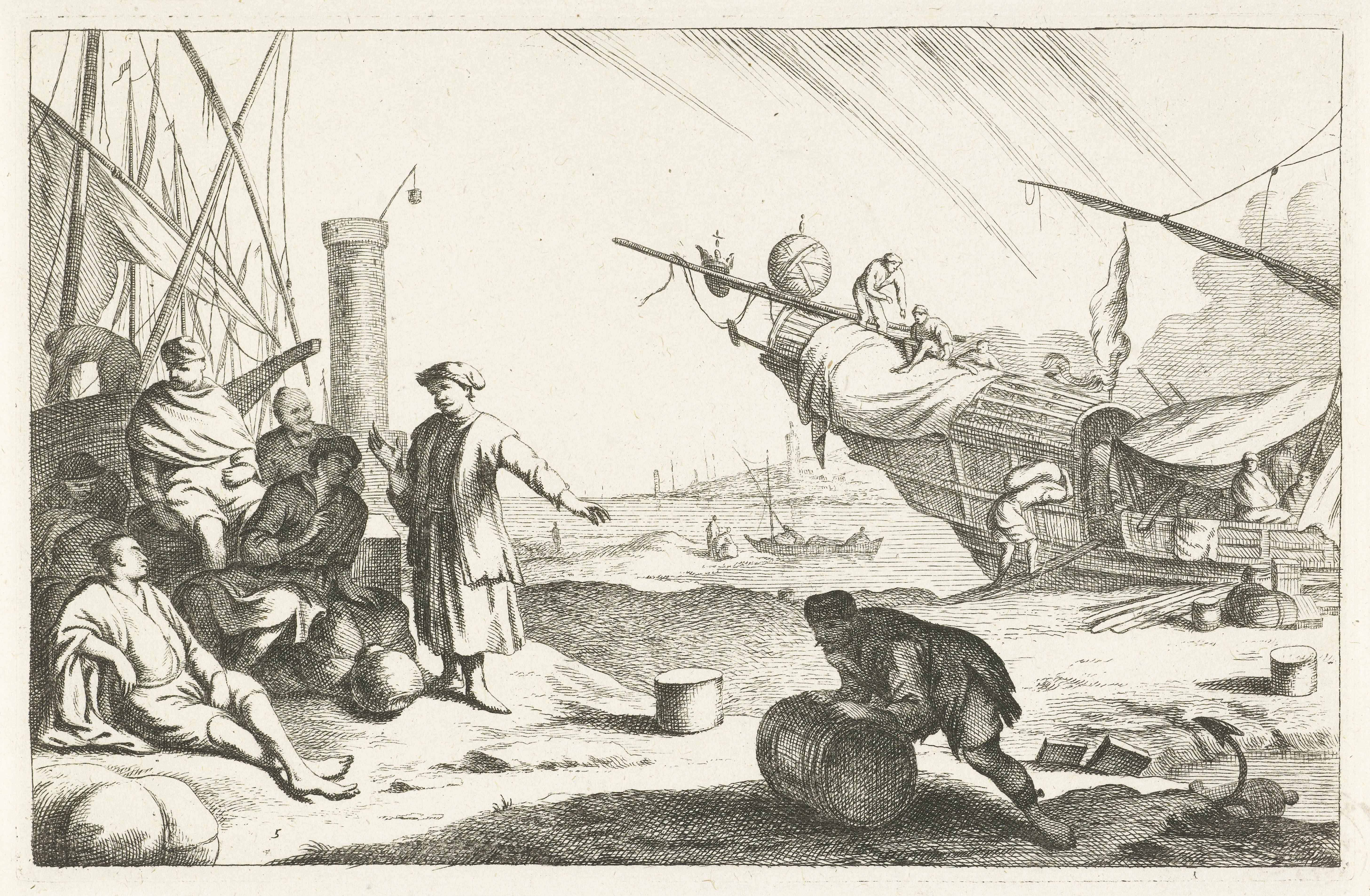 Haven met kooplieden en zeilschepen