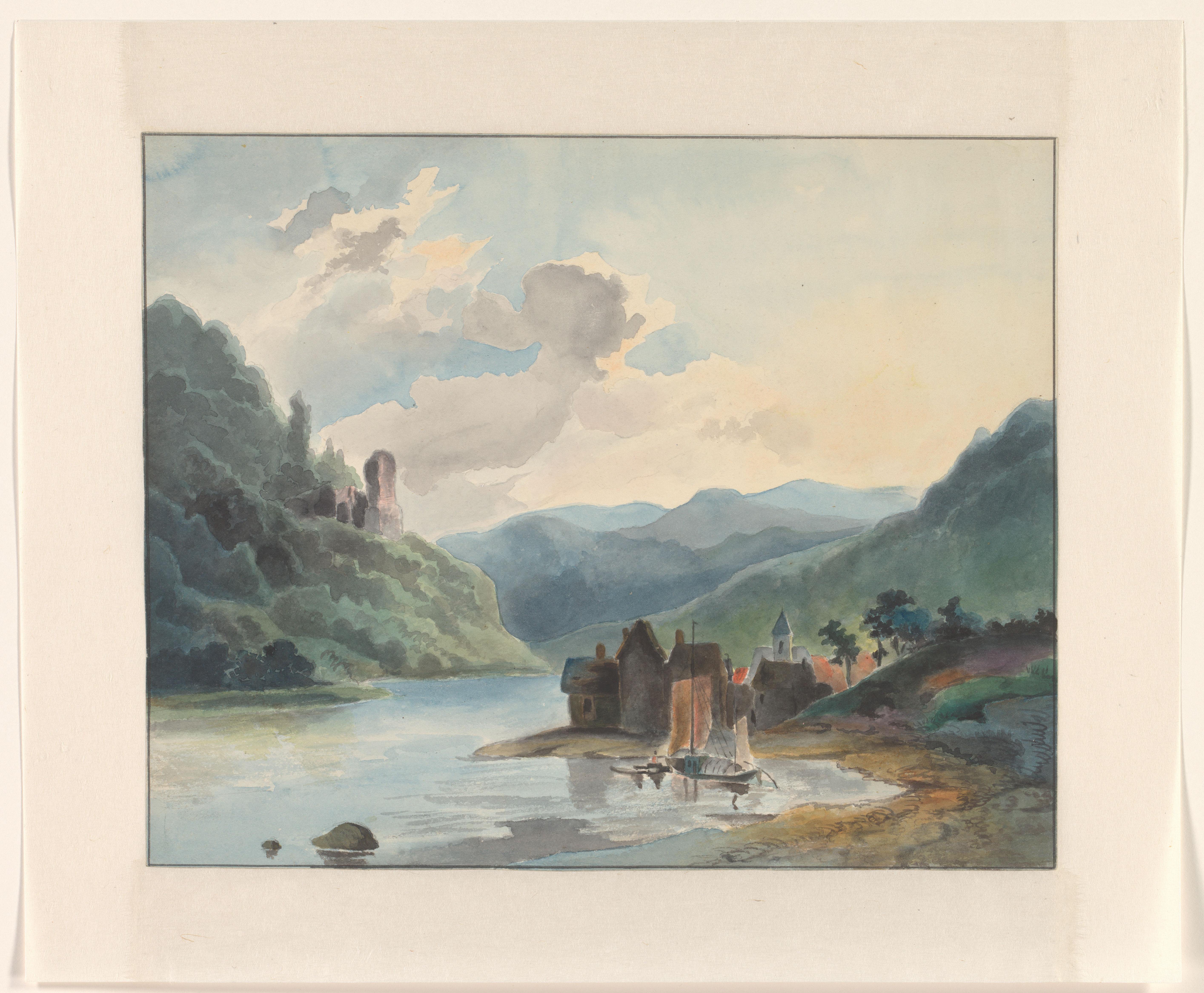 Dorp aan een meer in een berglandschap