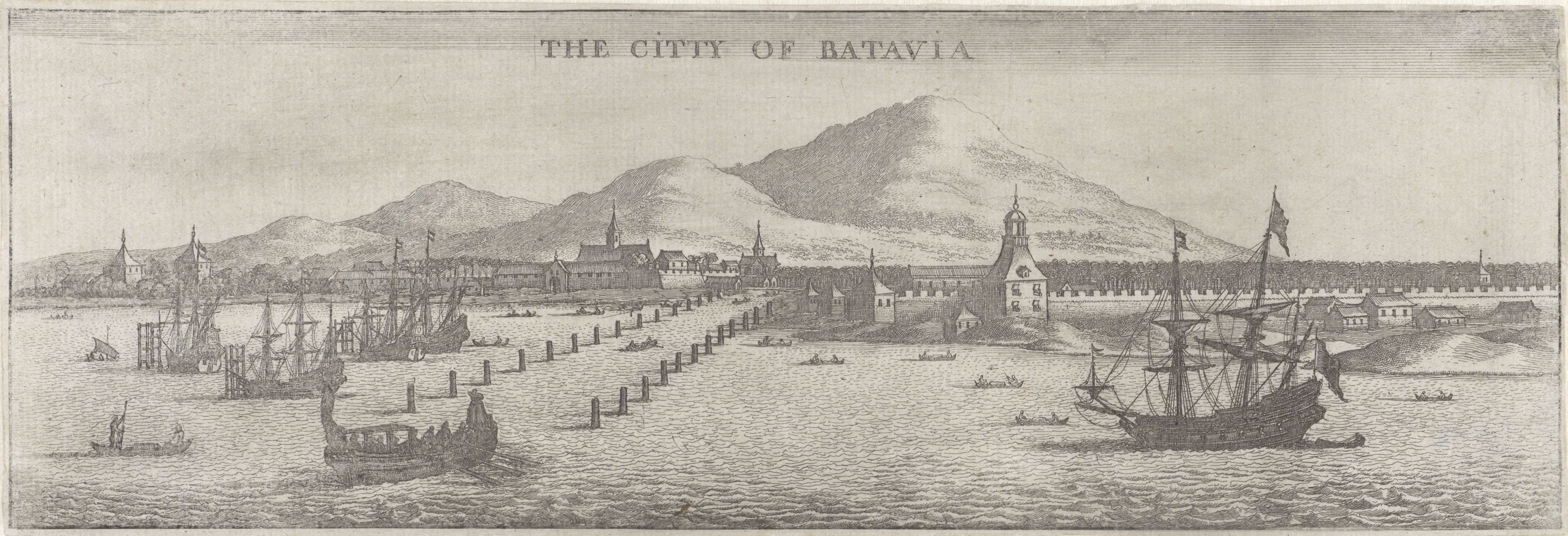 Gezicht op Batavia met schepen
