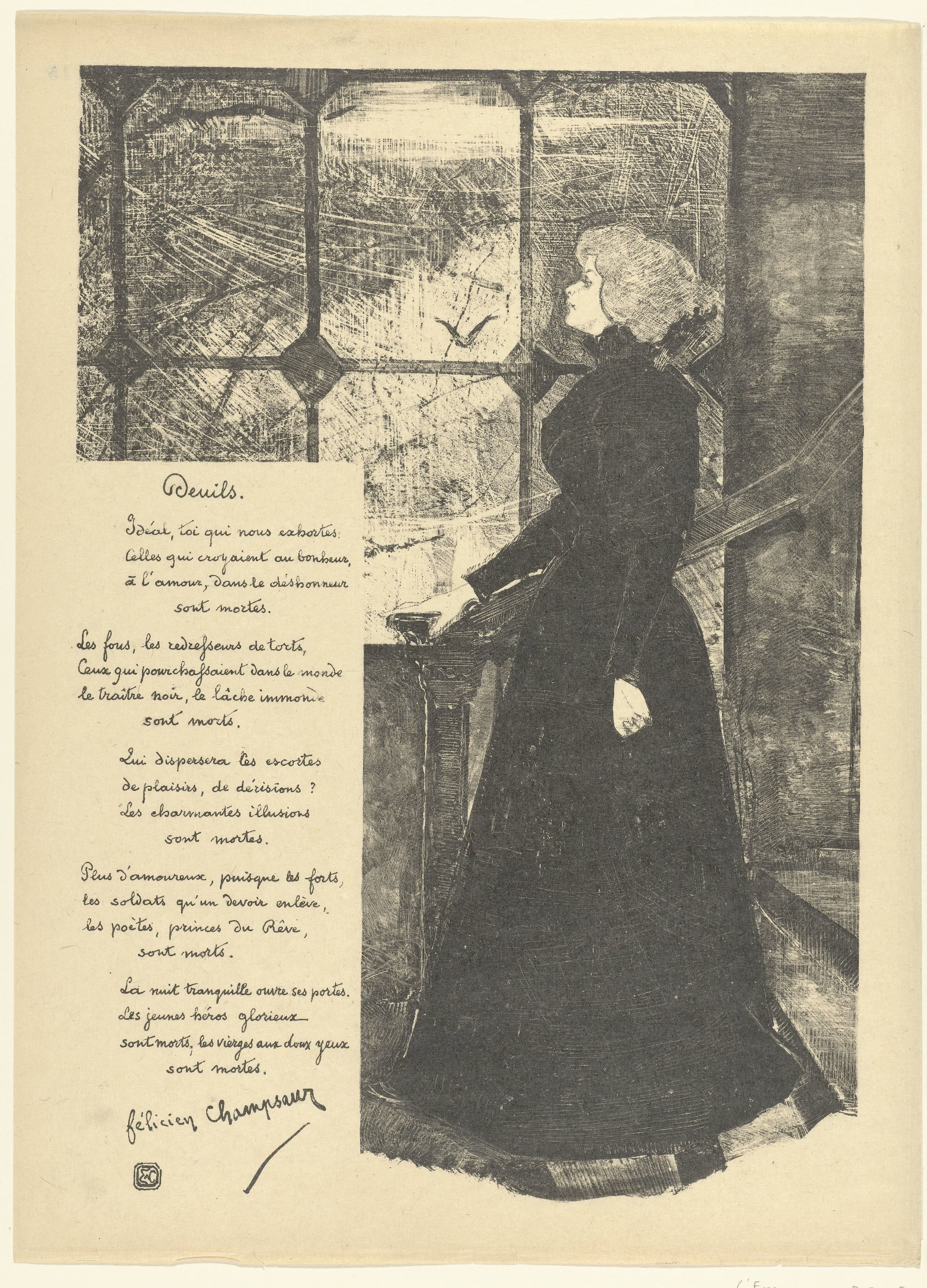 Illustratie met staande vrouw in zwarte kleding bij raam bij gedicht Deuils van Felicien Champsaur