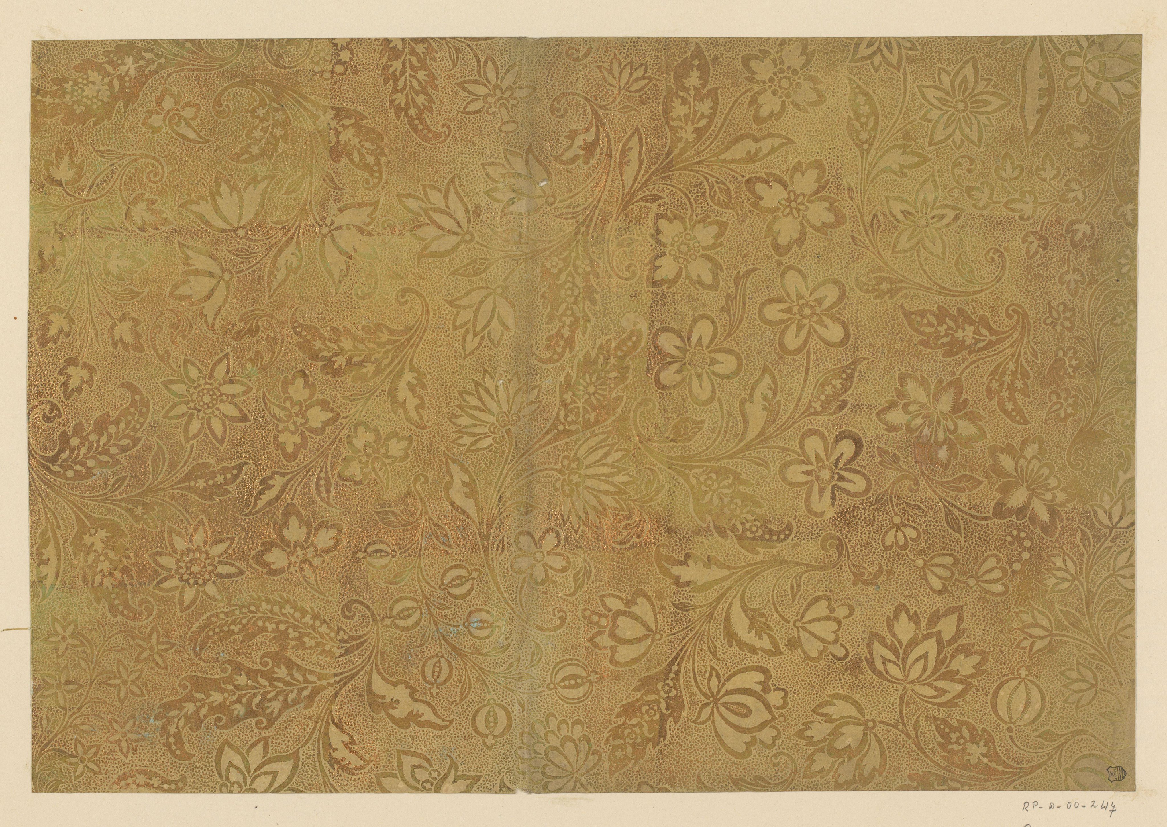 Blad met ranken met bloemen en vruchten met puntenfond