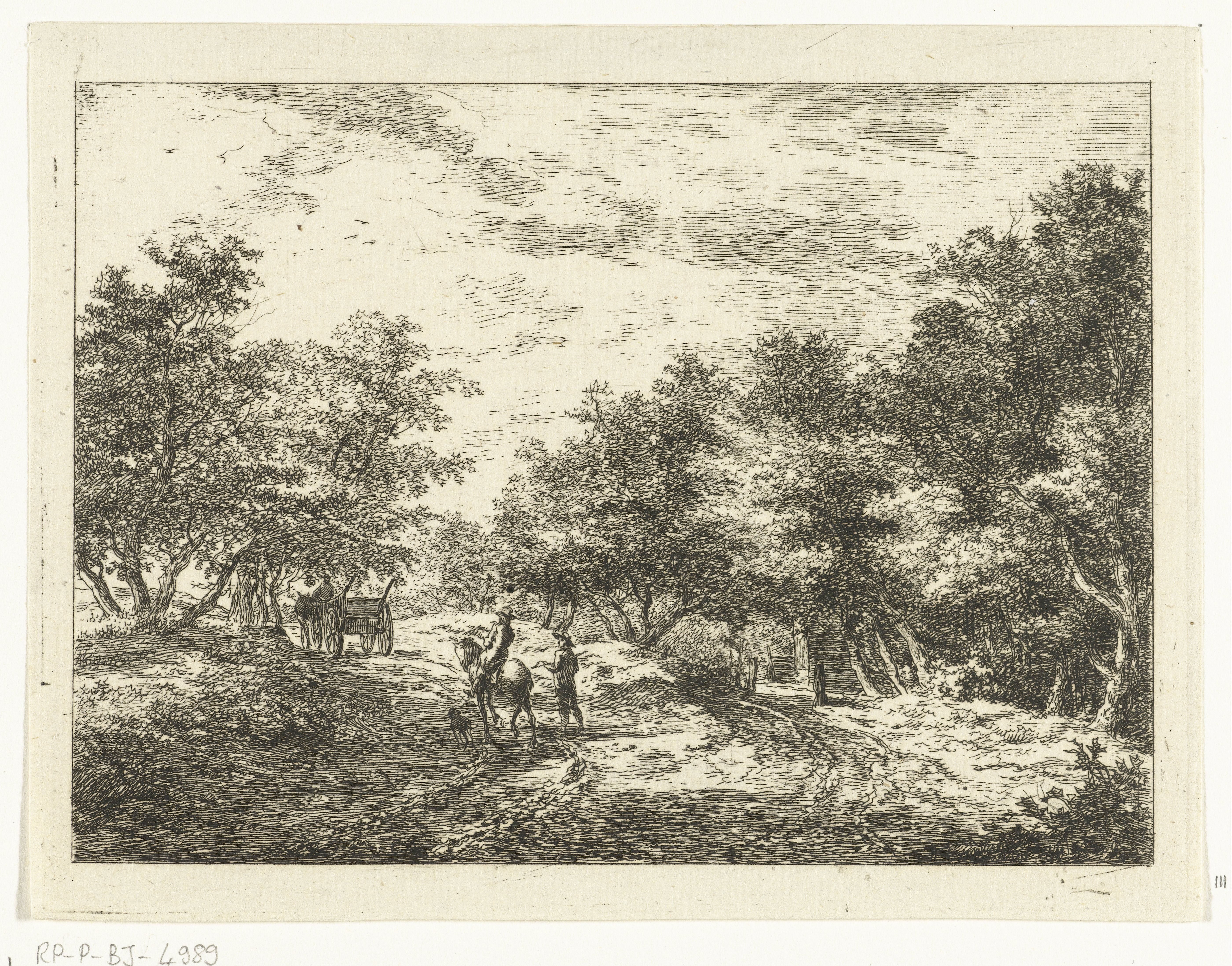Pad door het bos met wagen, wandelaar en ruiter