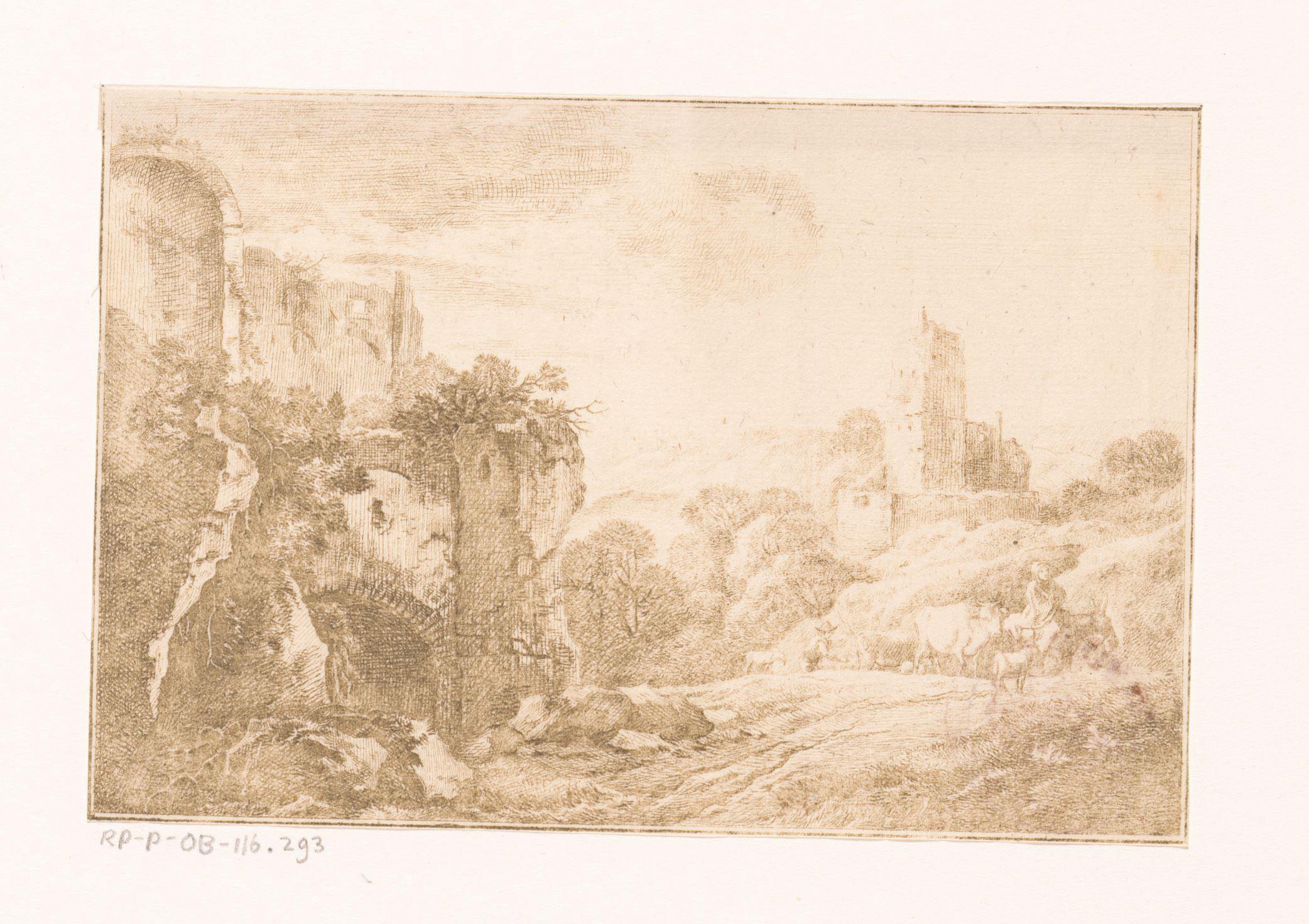 Landschap met ruïnes en herder met vee