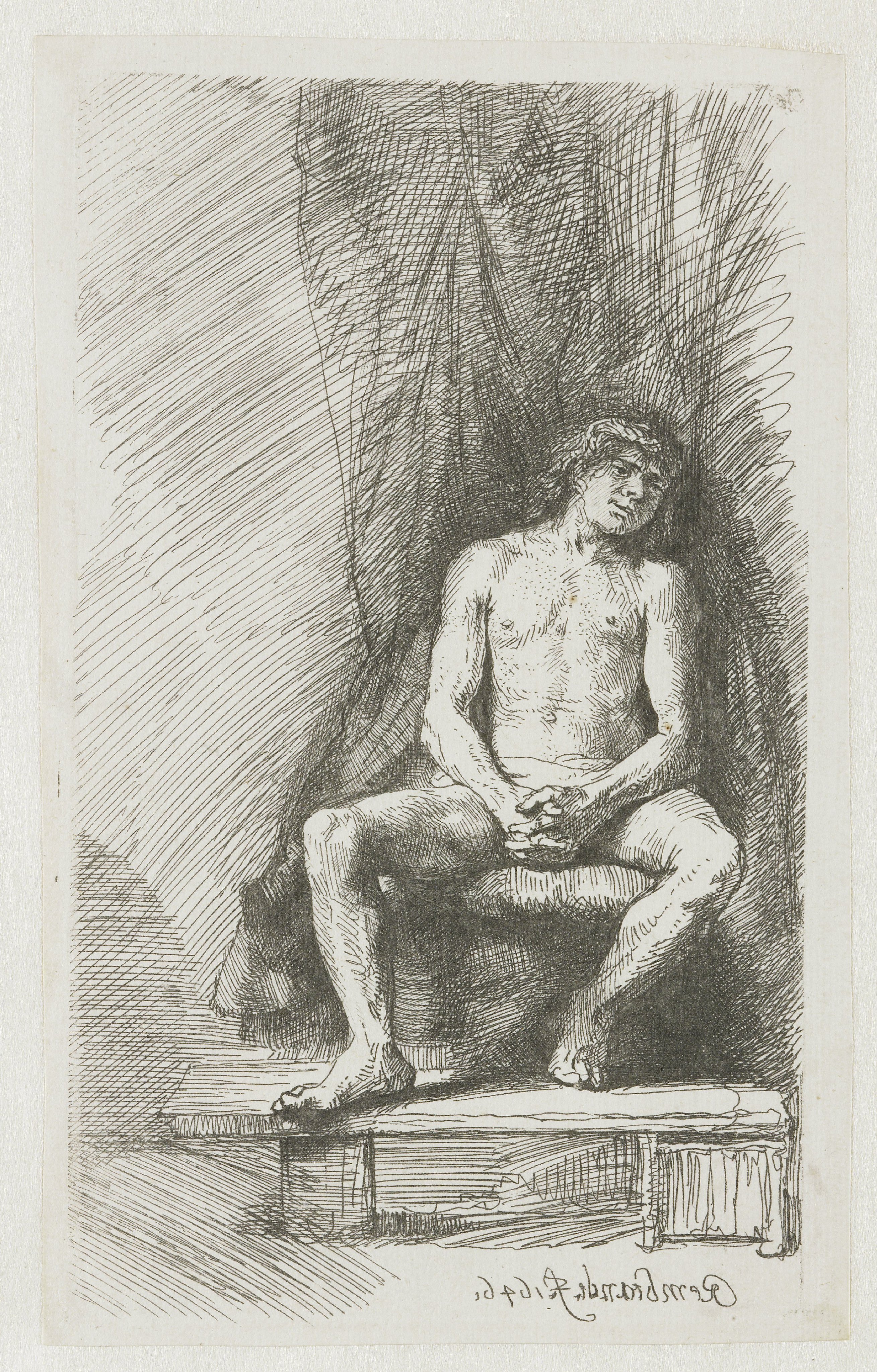 Nude man seated before a curtain