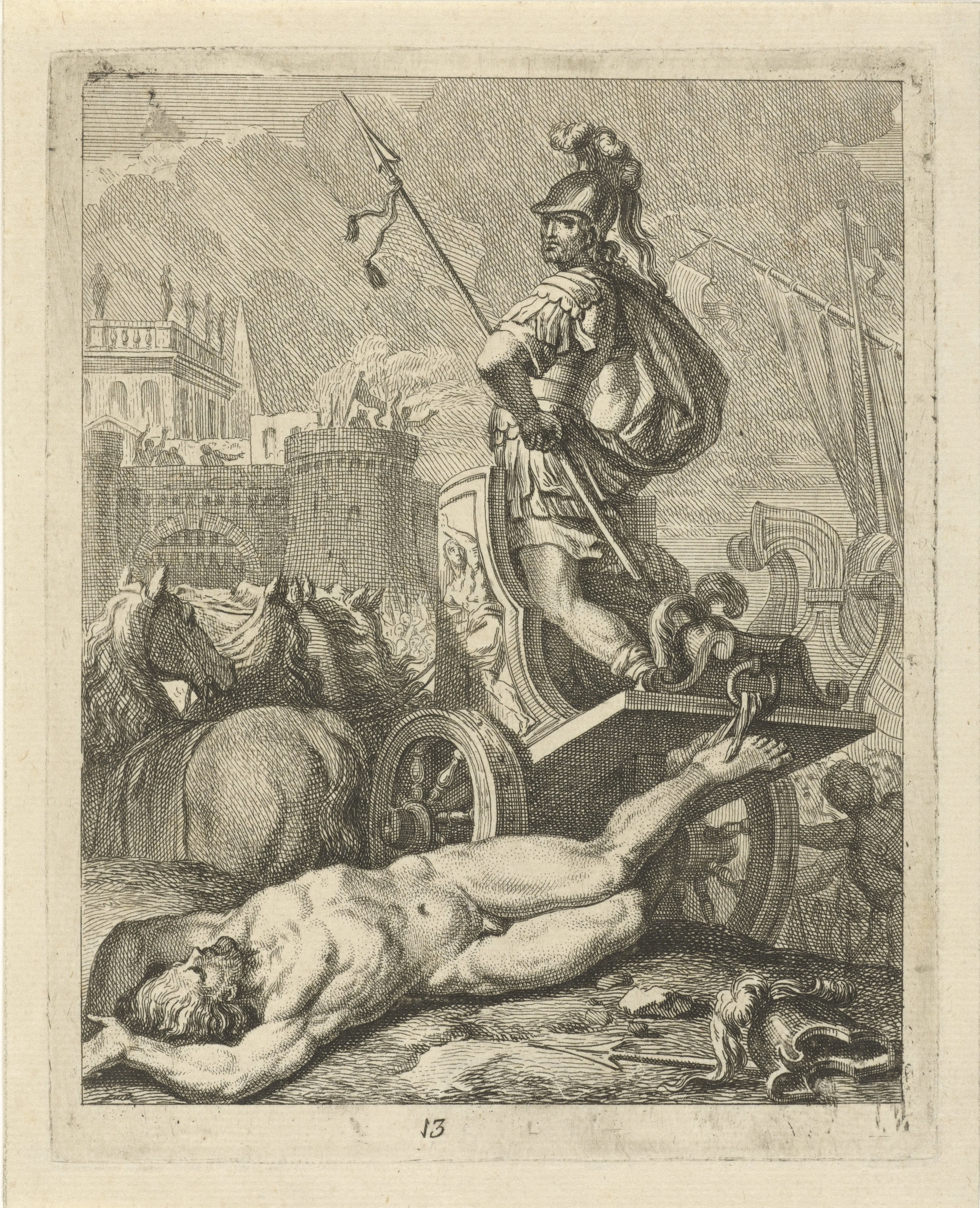 Achilles met lijk van Hector achter zijn zegewagen
