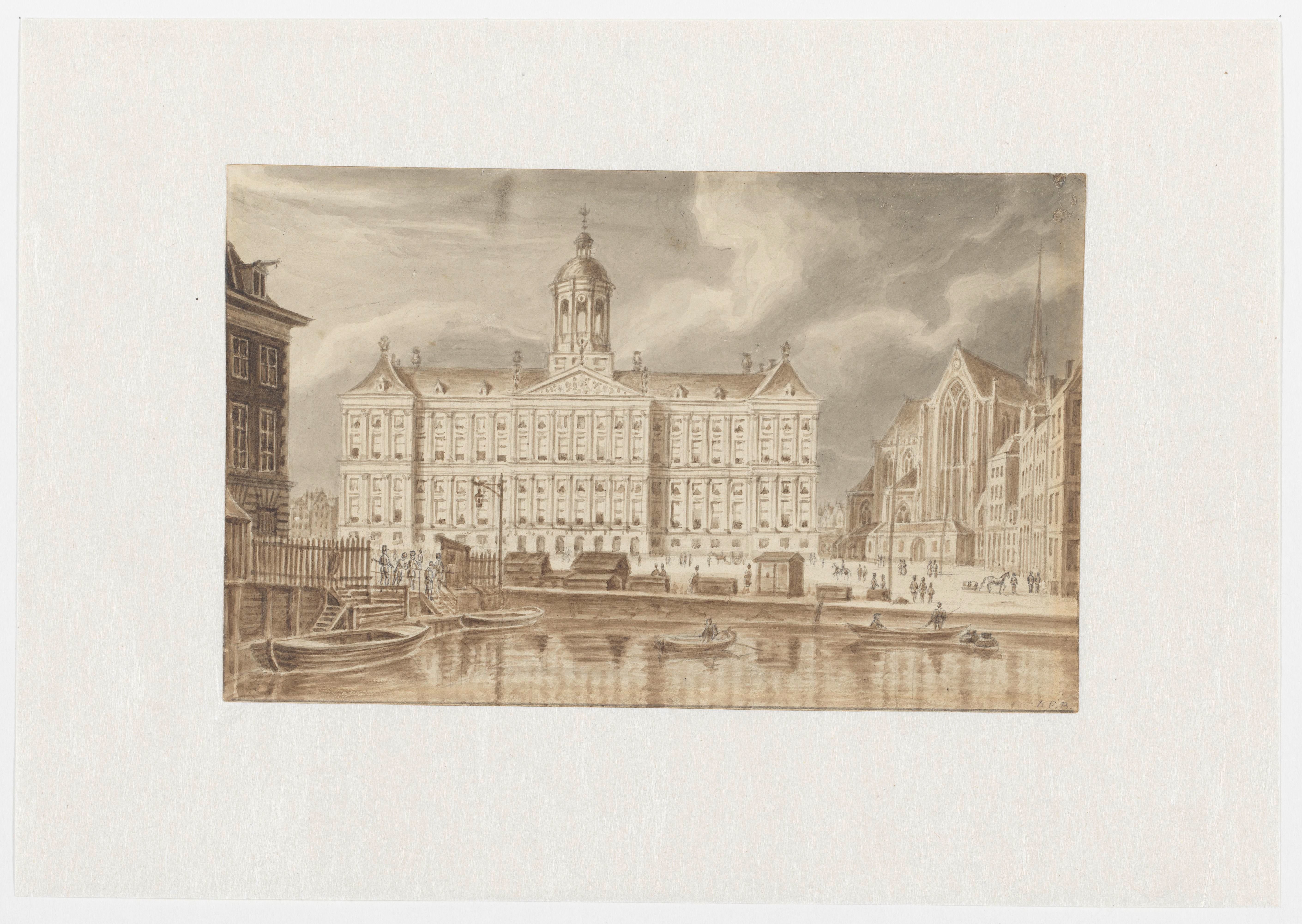 Gezicht op het Koninklijk Paleis en de Nieuwe Kerk op de Dam te Amsterdam