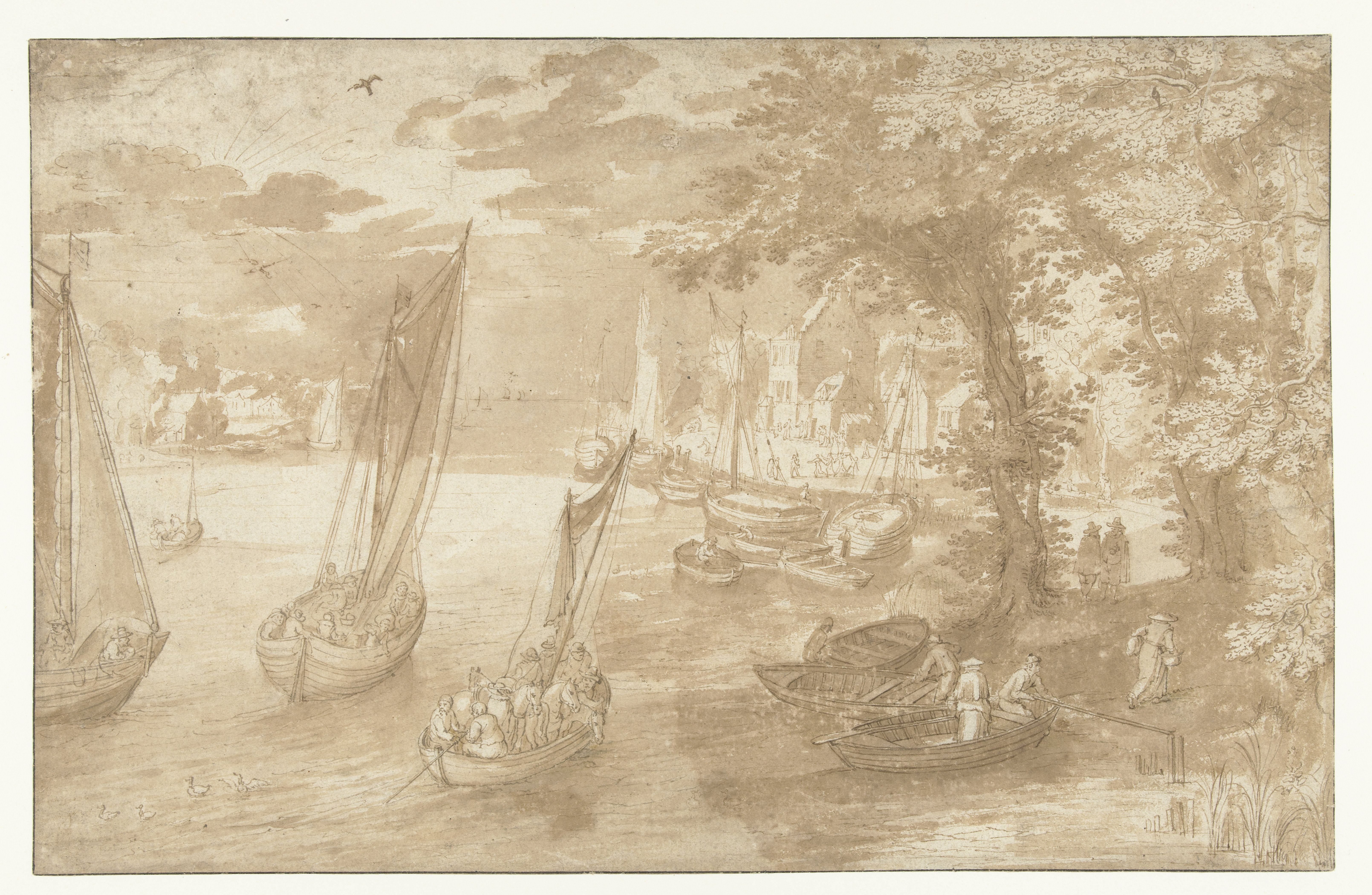 Rivierlandschap met rechts een aanlegplaats