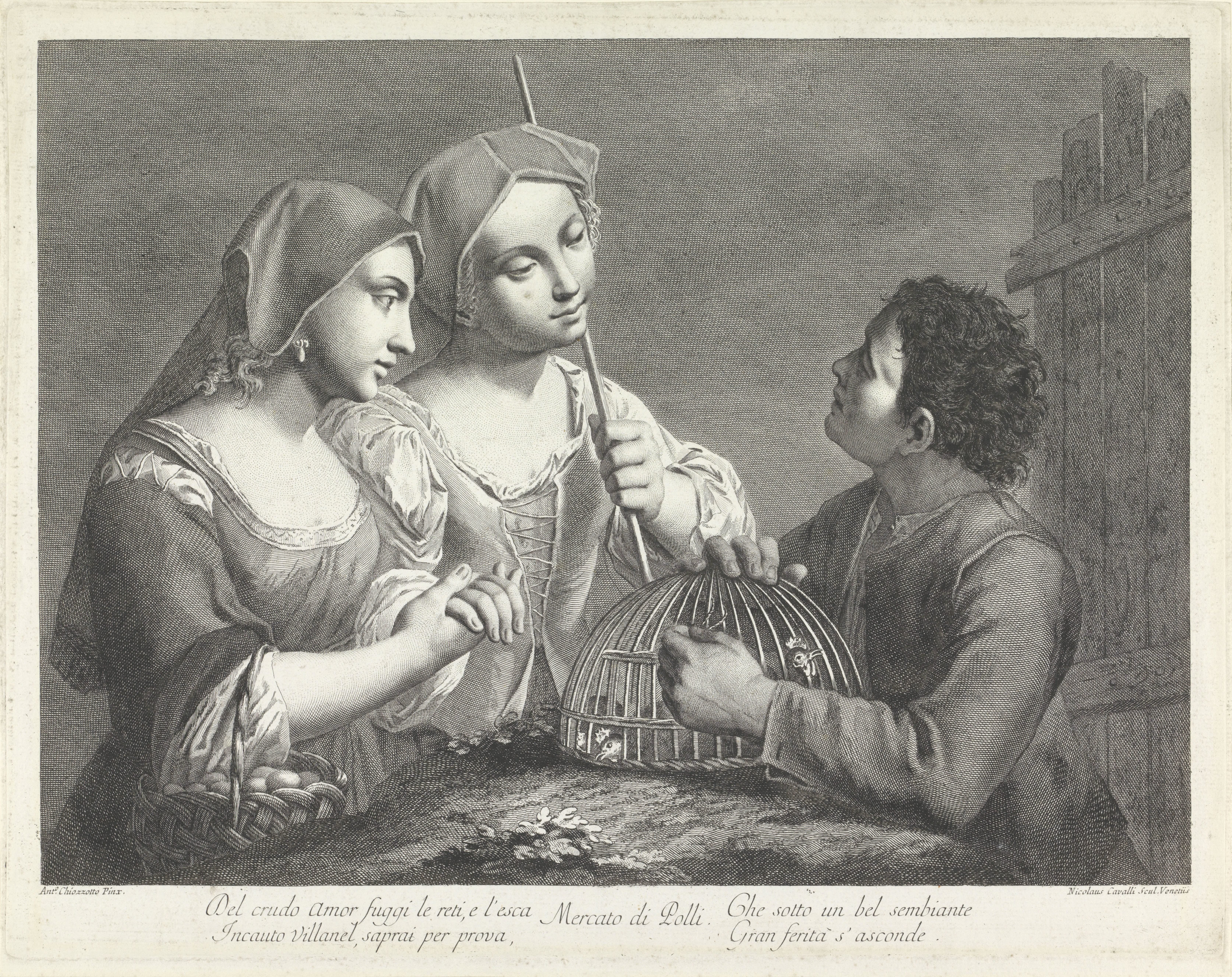 Twee vrouwen en een vogelkoopman