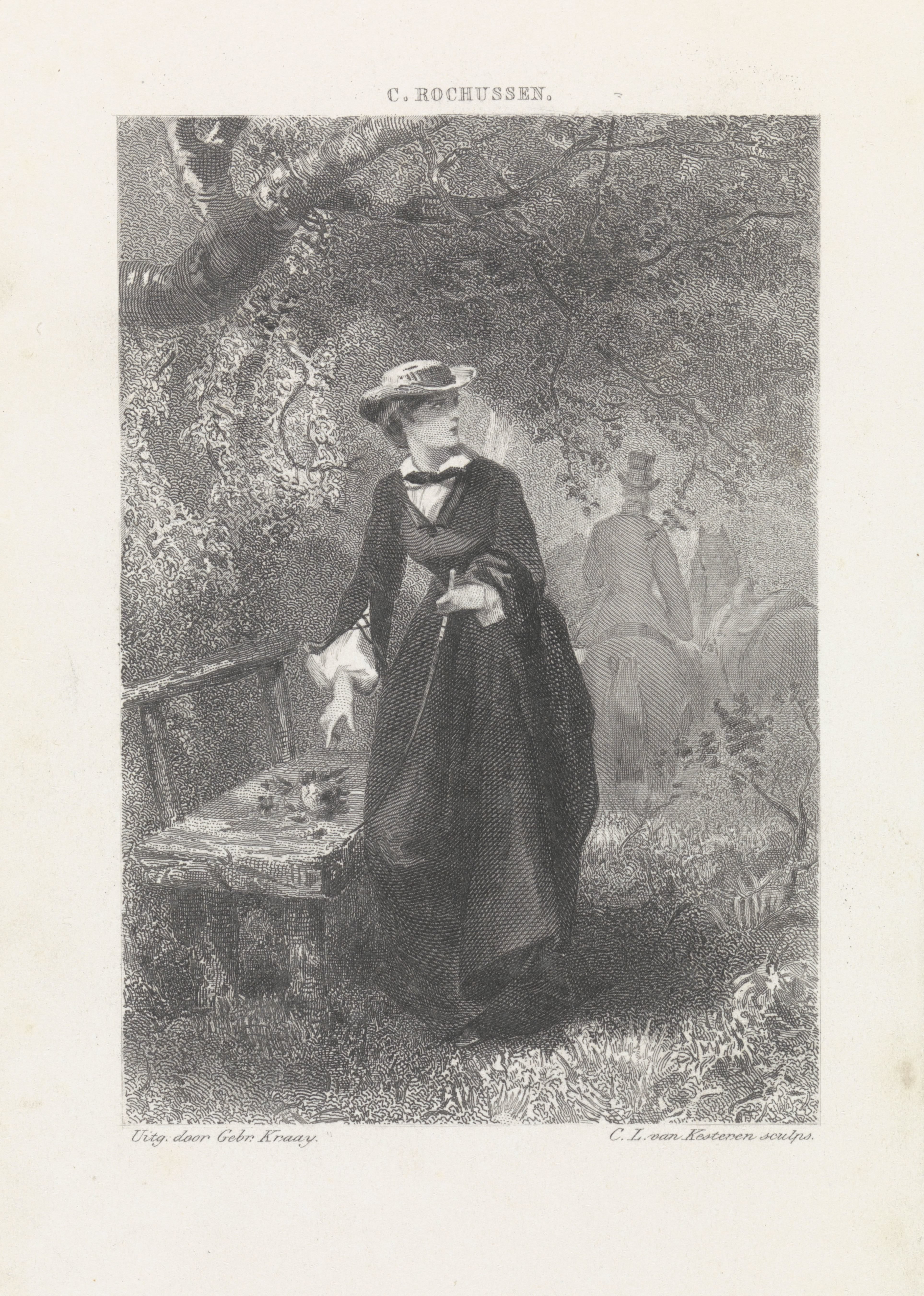 Jonge vrouw bij een bankje in het bos