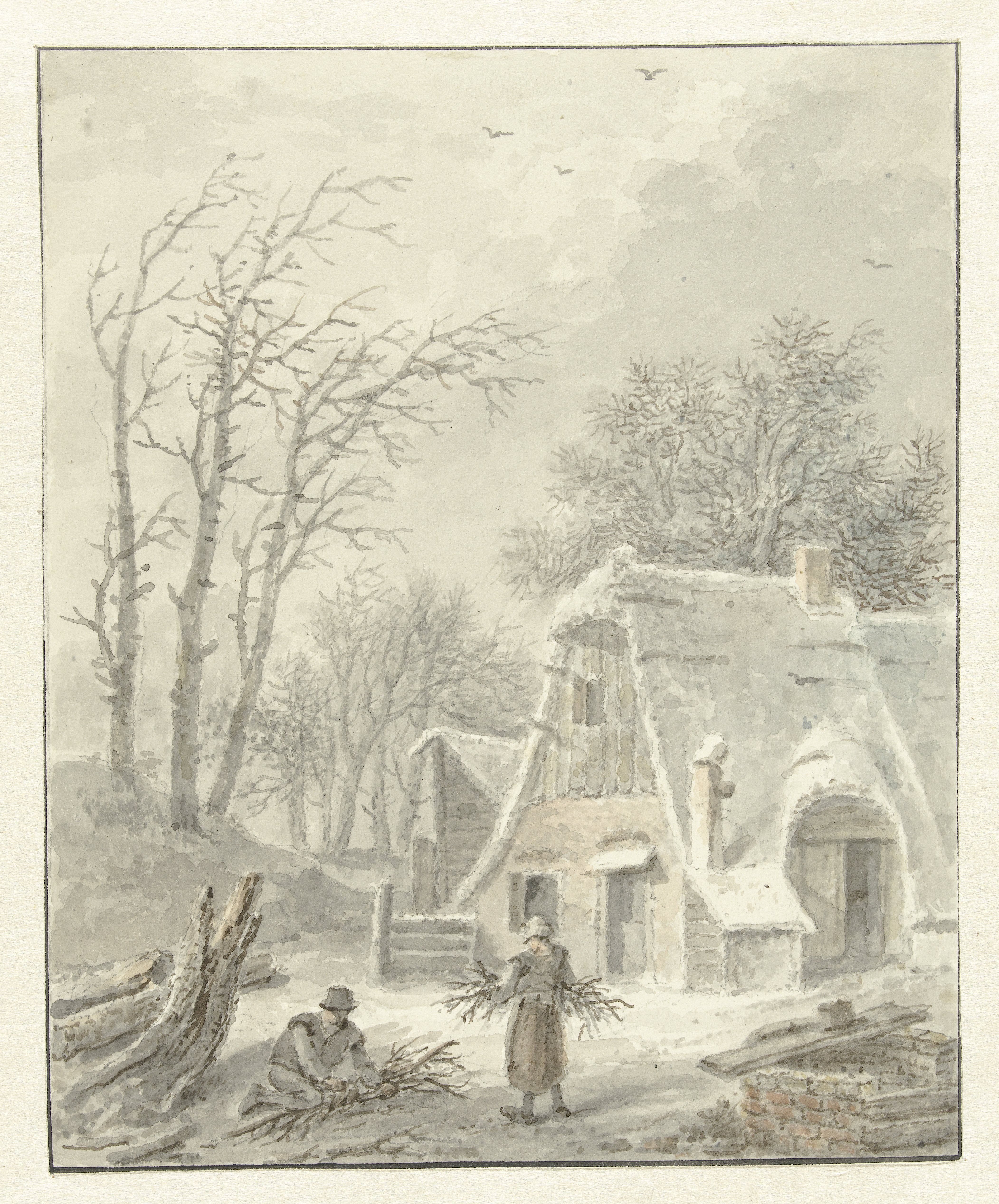 Winterlandschap met houtsprokkelaars voor boerderij