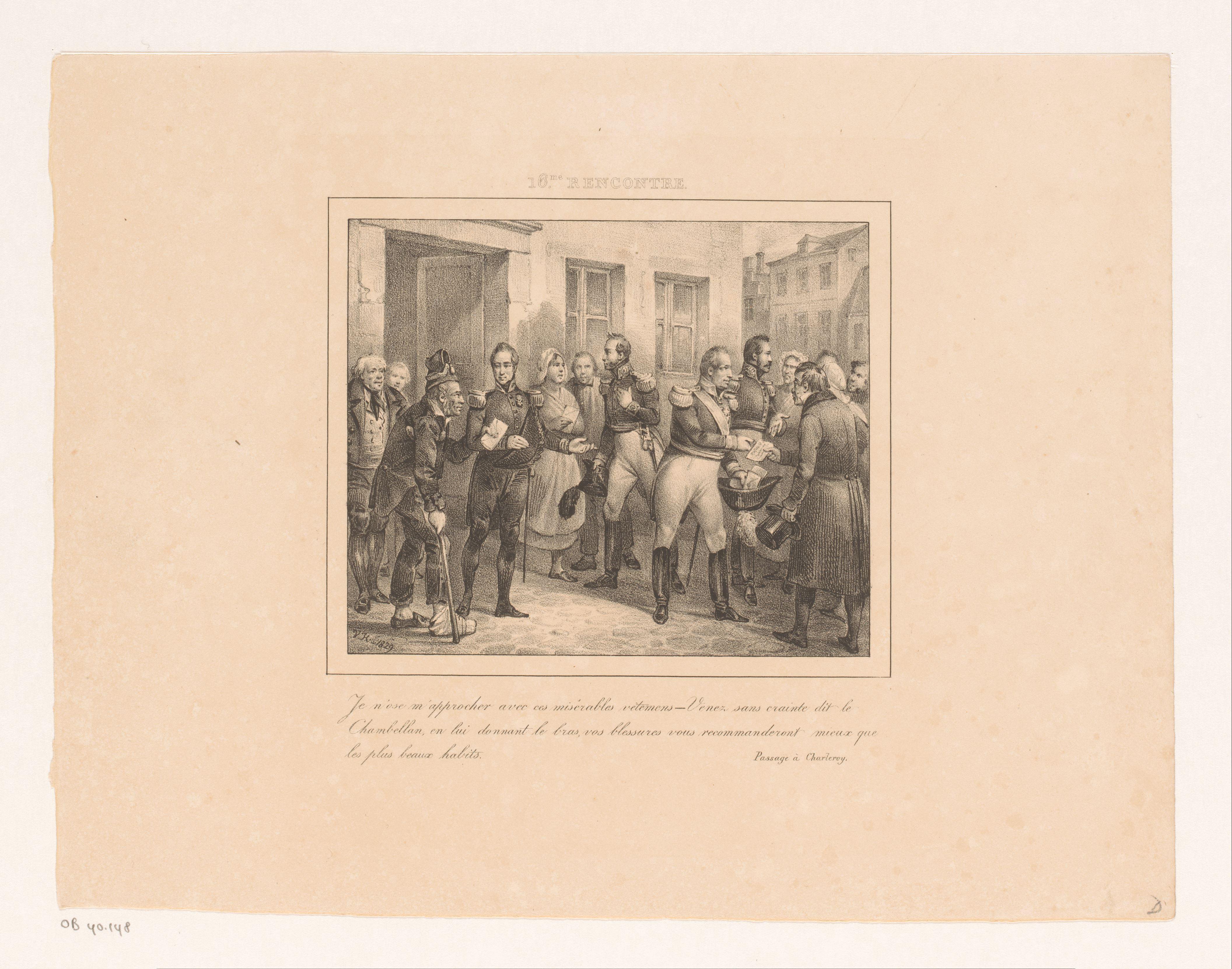 Kamerheer leidt een oorlogsveteraan naar koning Willem I, 1829