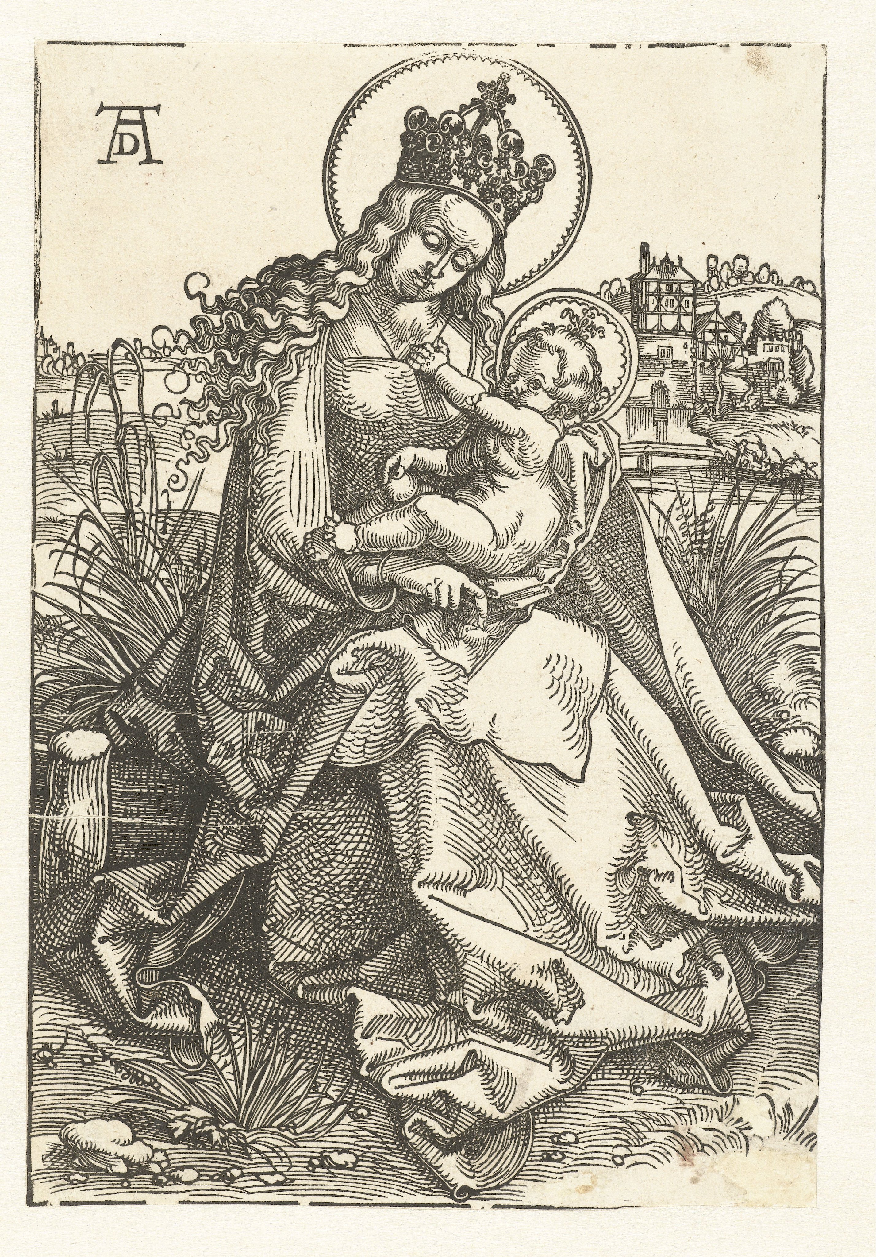 Zittende Maria met kind in landschap