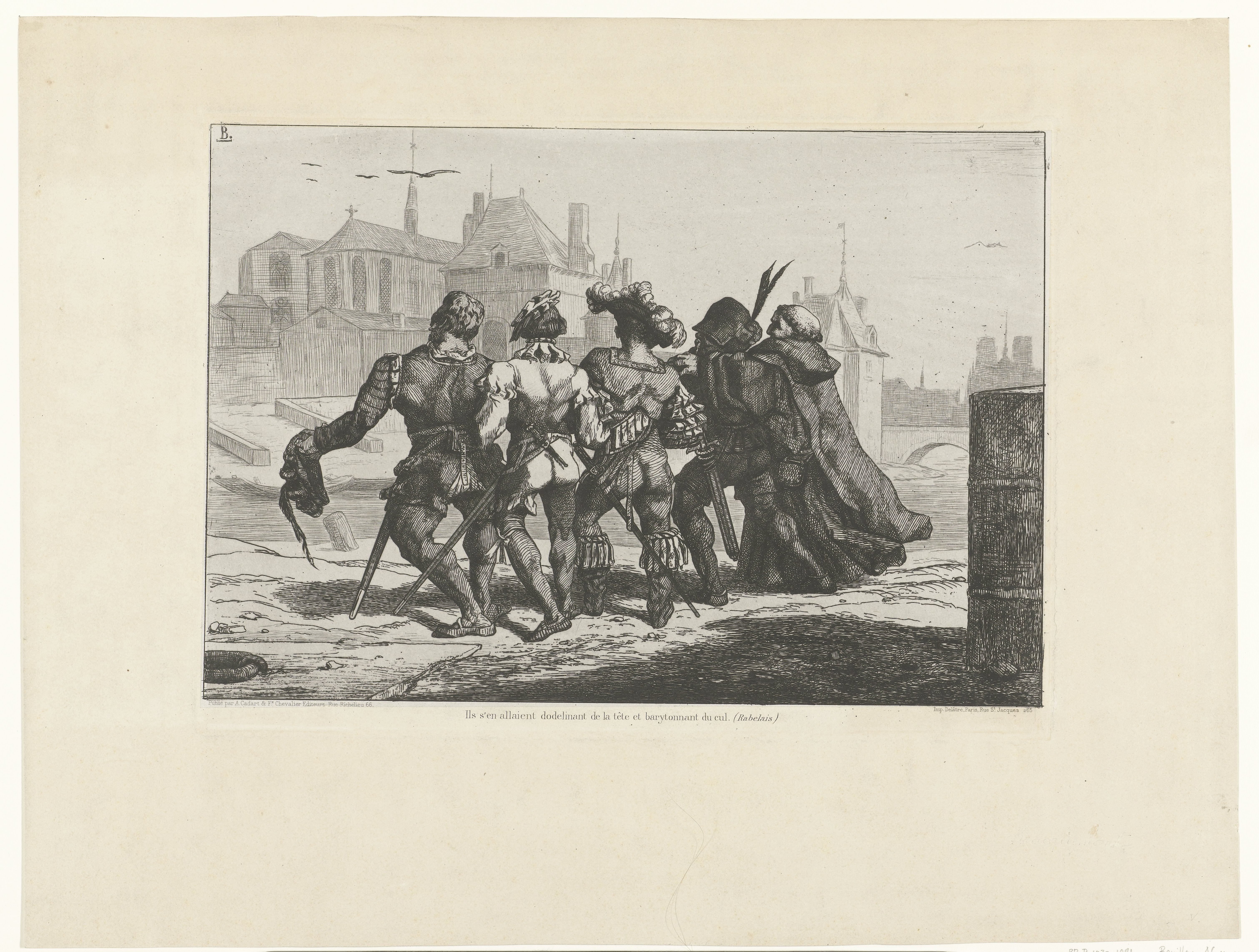 Scène uit Pantagruel van Rabelais waarin vijf mannen, Ponocrates, Panurge, Epistémon, Gymnaste en Frère Jean, larm in arm lopen in Parijs
