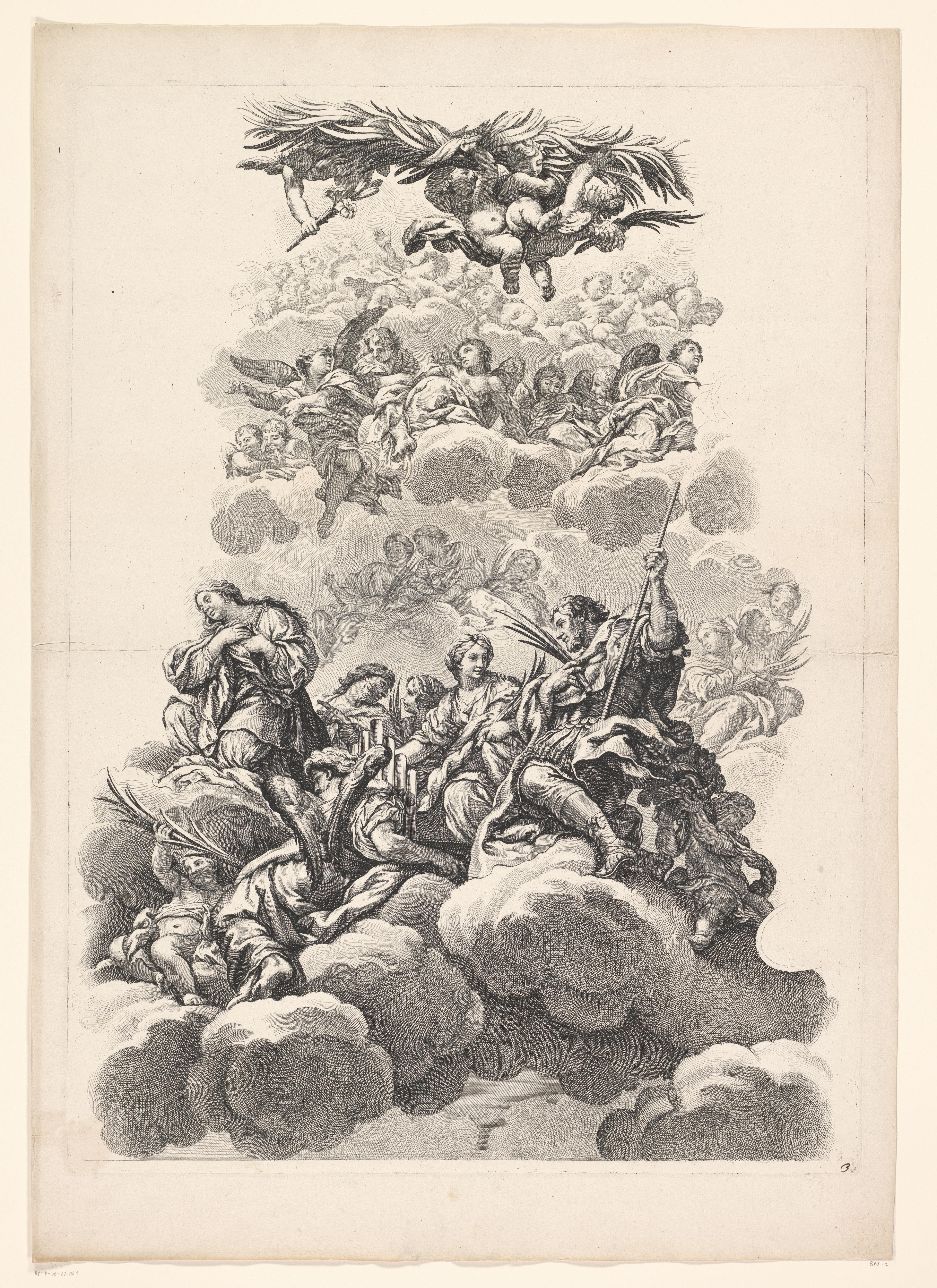 Heiligen rond een orgel in de wolken