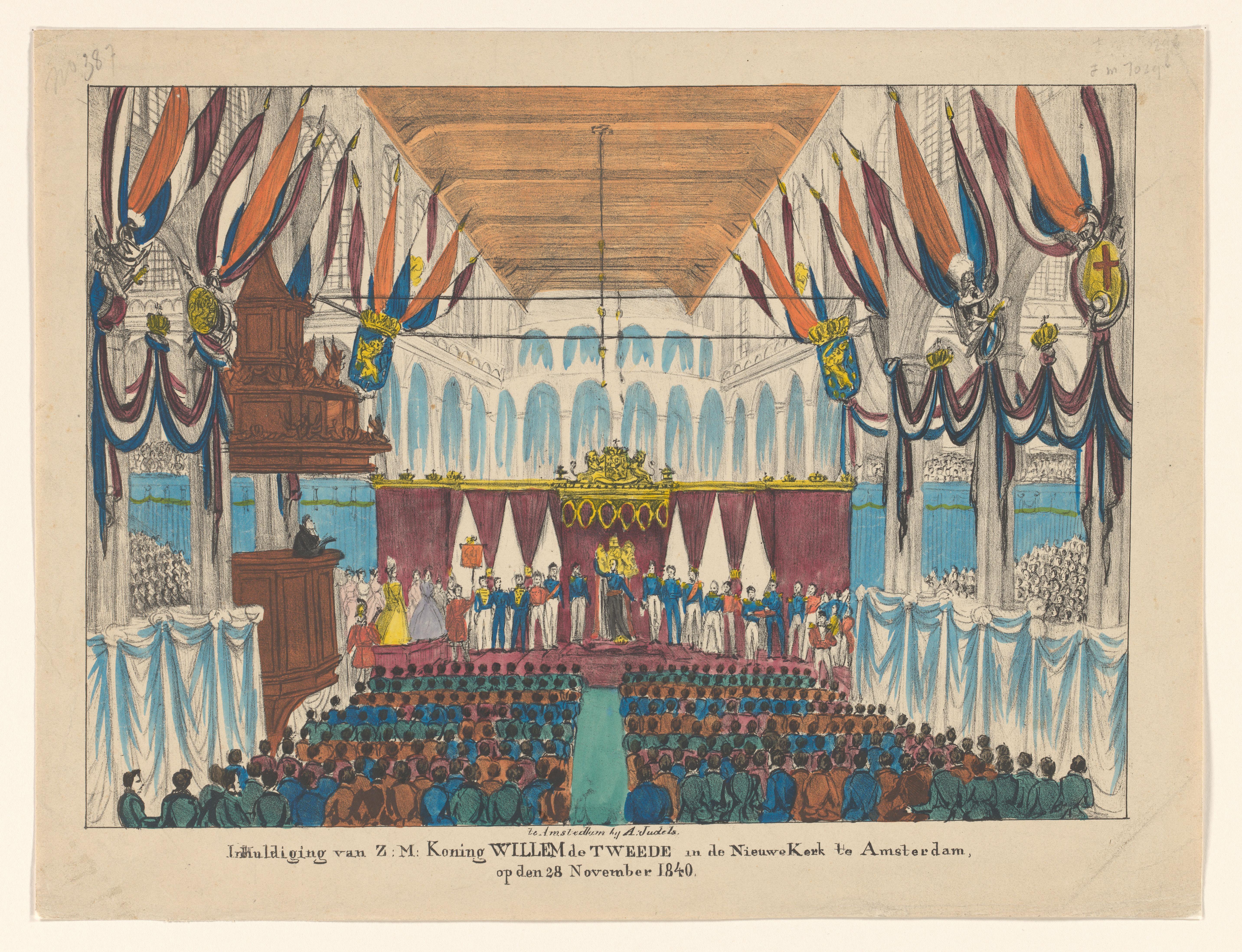 De inhuldiging van de nieuwe Koning Willem II in de Nieuwe Kerk te Amsterdam op 28 november 1840