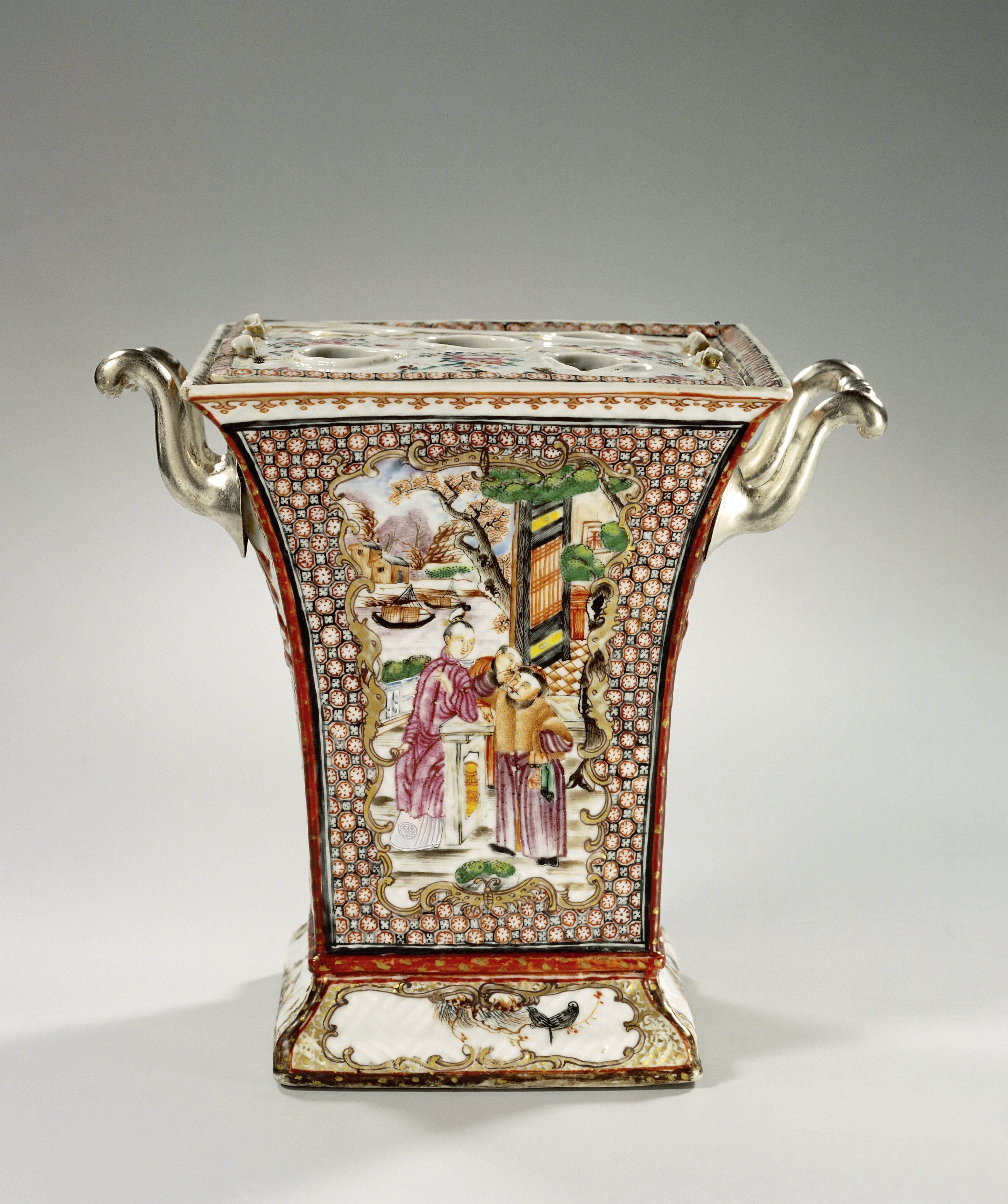 Square bough pot with figures on a terrace, birds and flower sprays