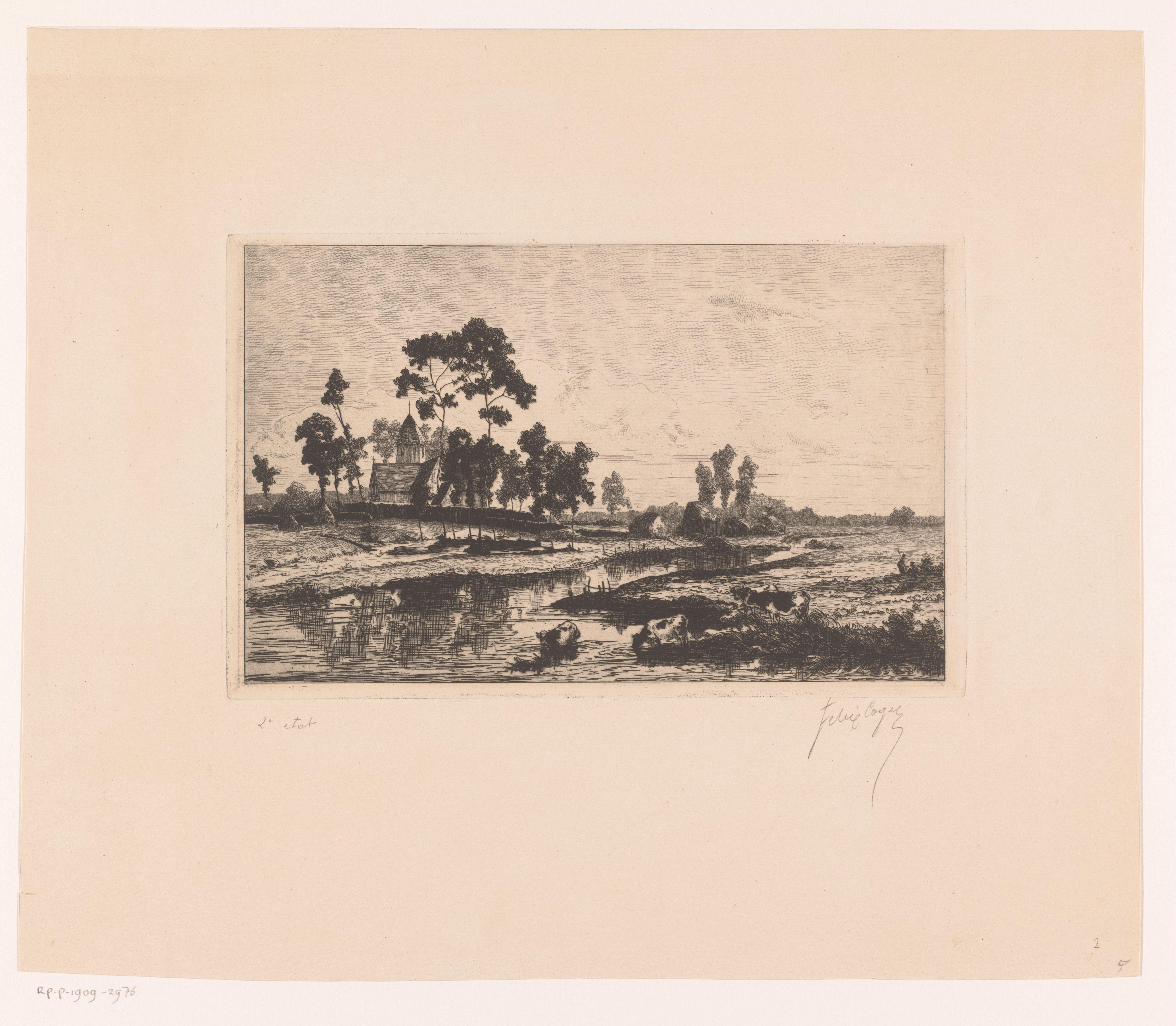 Waterrijk landschap met een kerk en koeien langs de oever