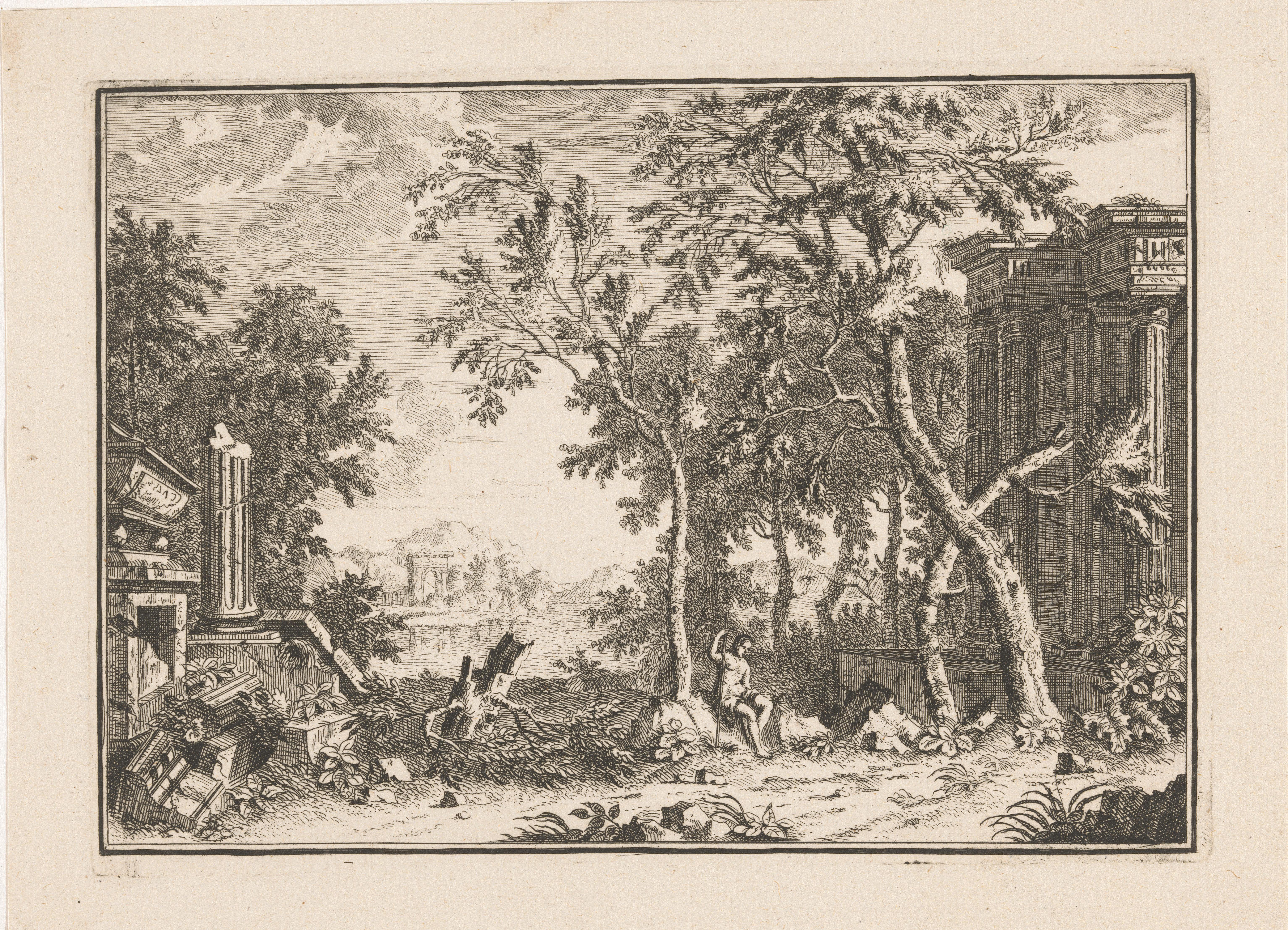 Arcadisch landschap met herder tussen ruïnen