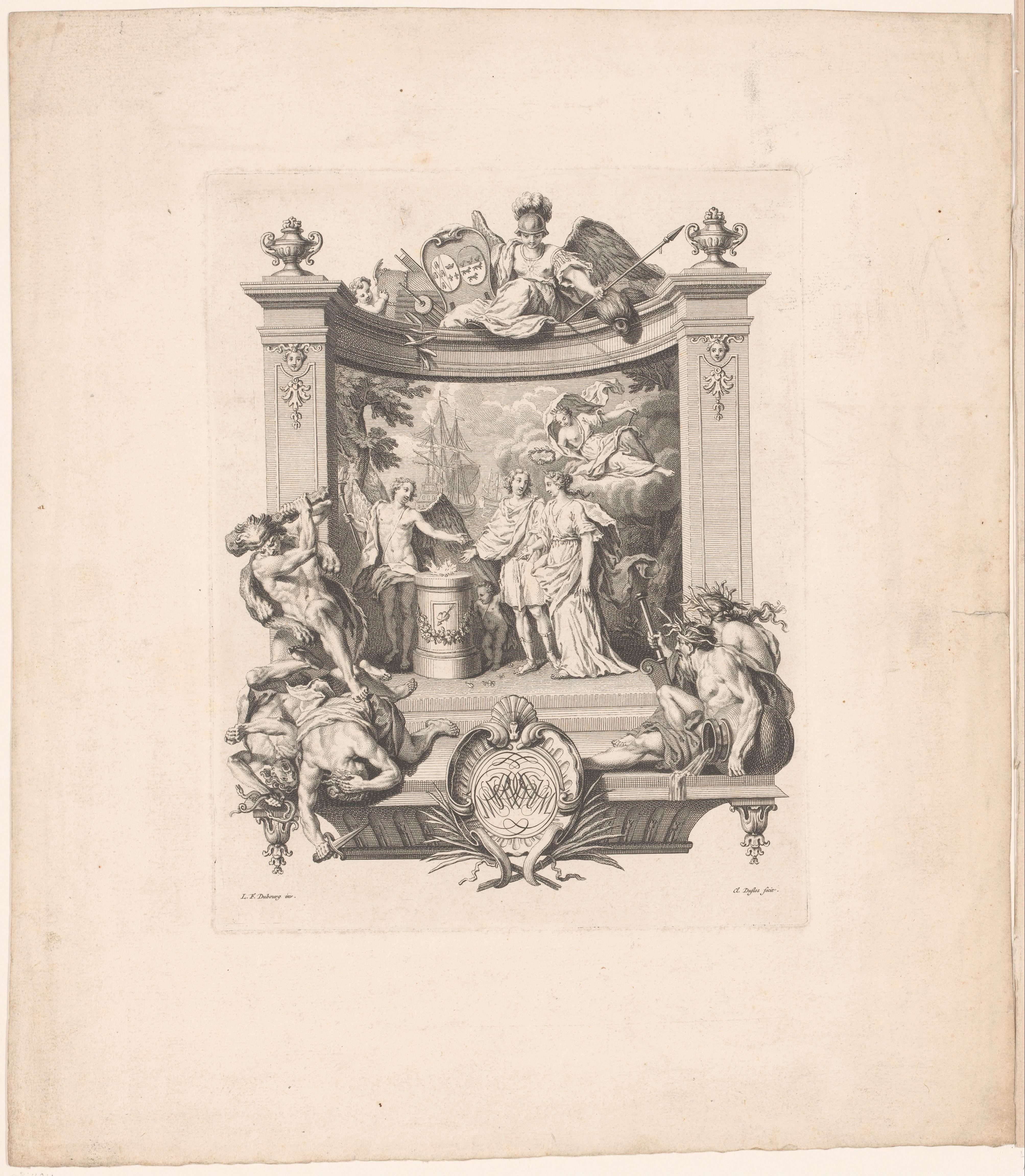 Huwelijksvignet met Hercules en Minerva