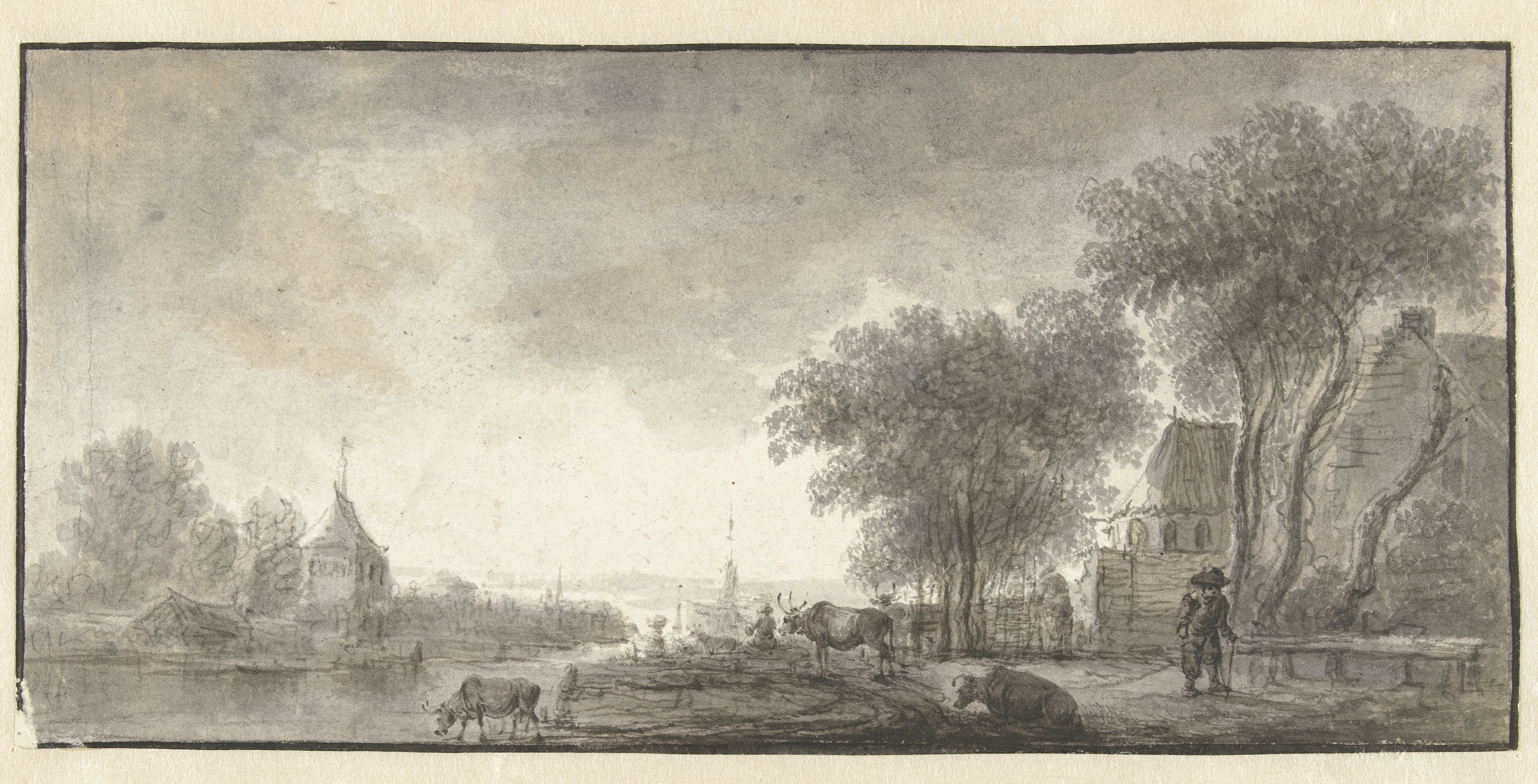 Rivierlandschap met vee en enkele huizen