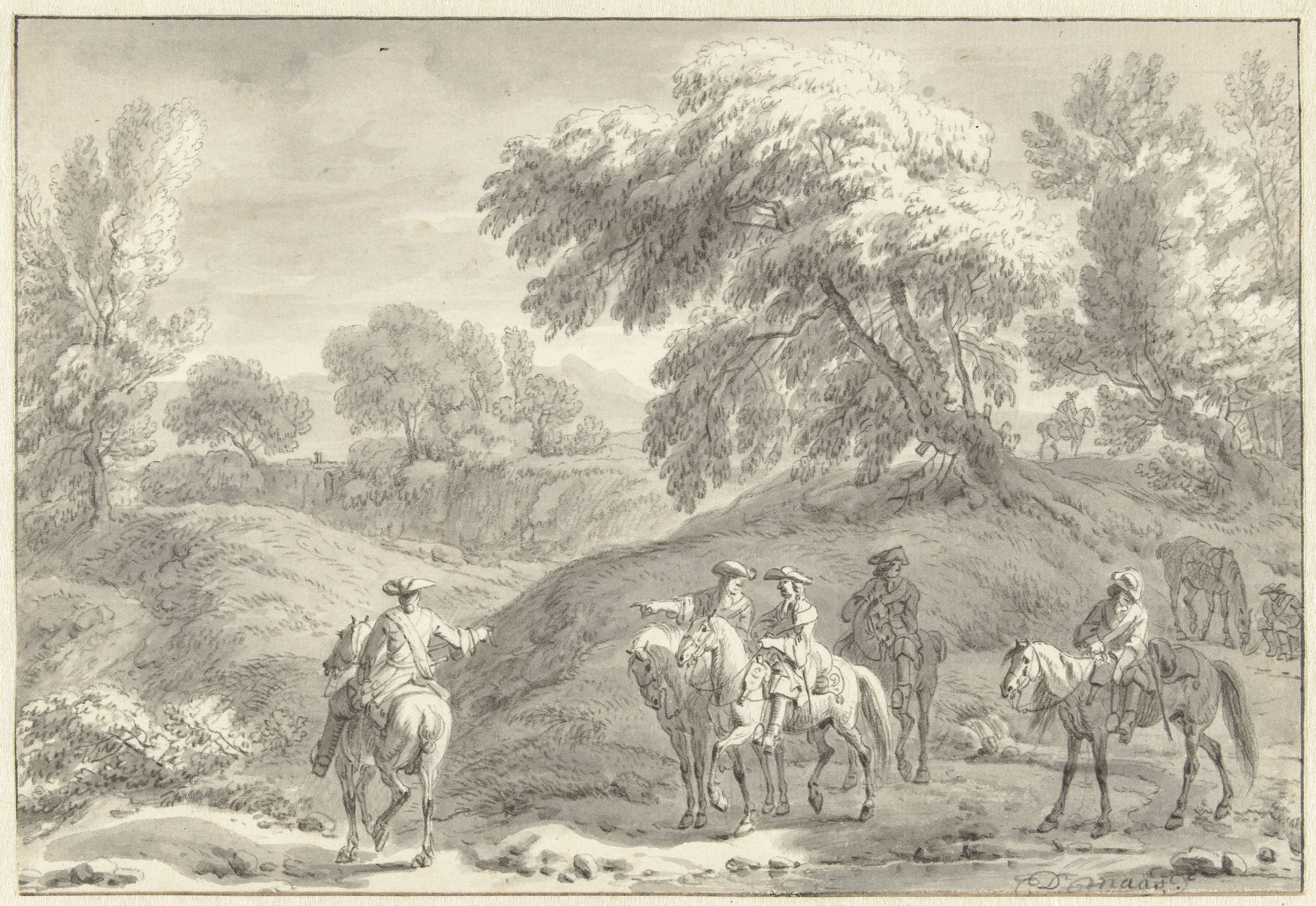 Hilly Landscape with Hunters on Horseback