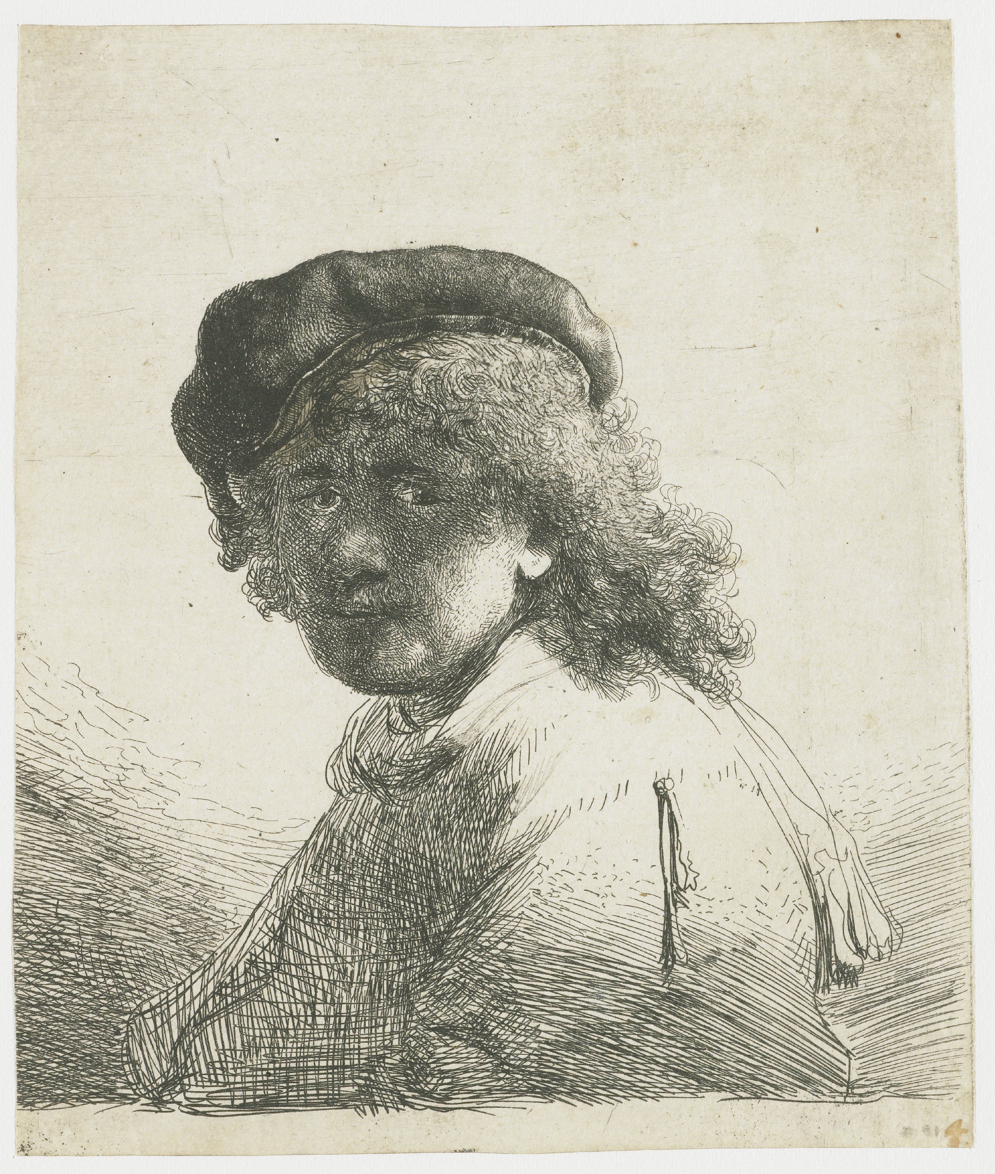 Self-portrait in a cap and scarf with the face dark: bust