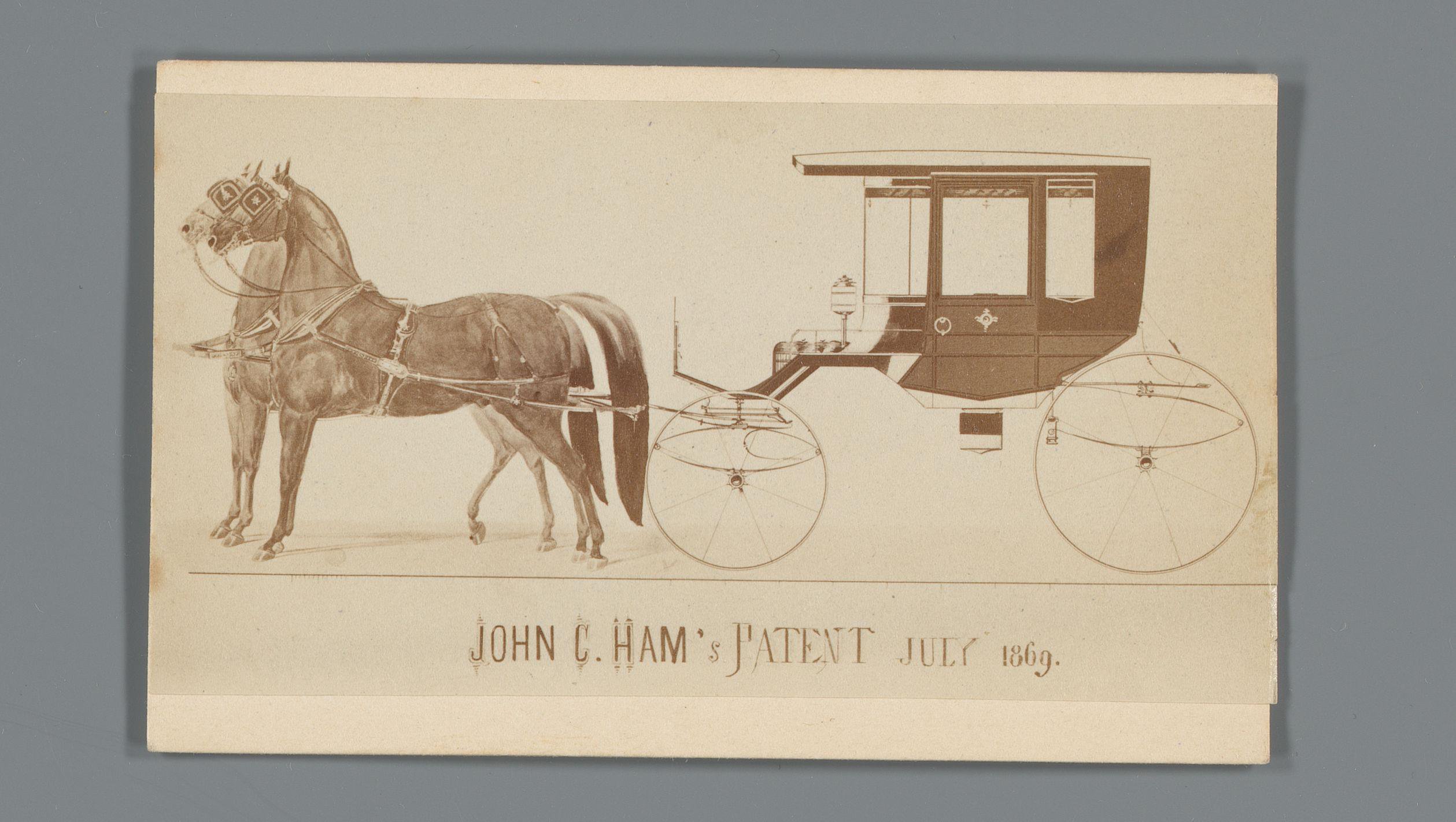 Reclame voor een patent van John C. Ham met een fotoreproductie van een prent van een koets met paarden