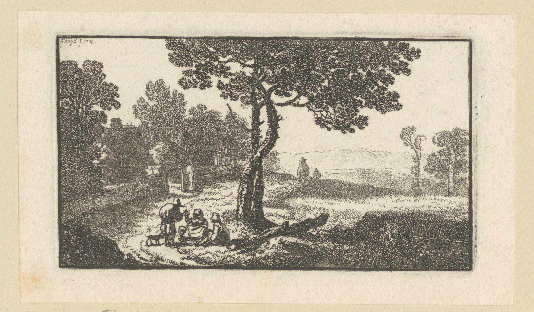 Landschap met reizigers onder een boom aan de rand van dorp