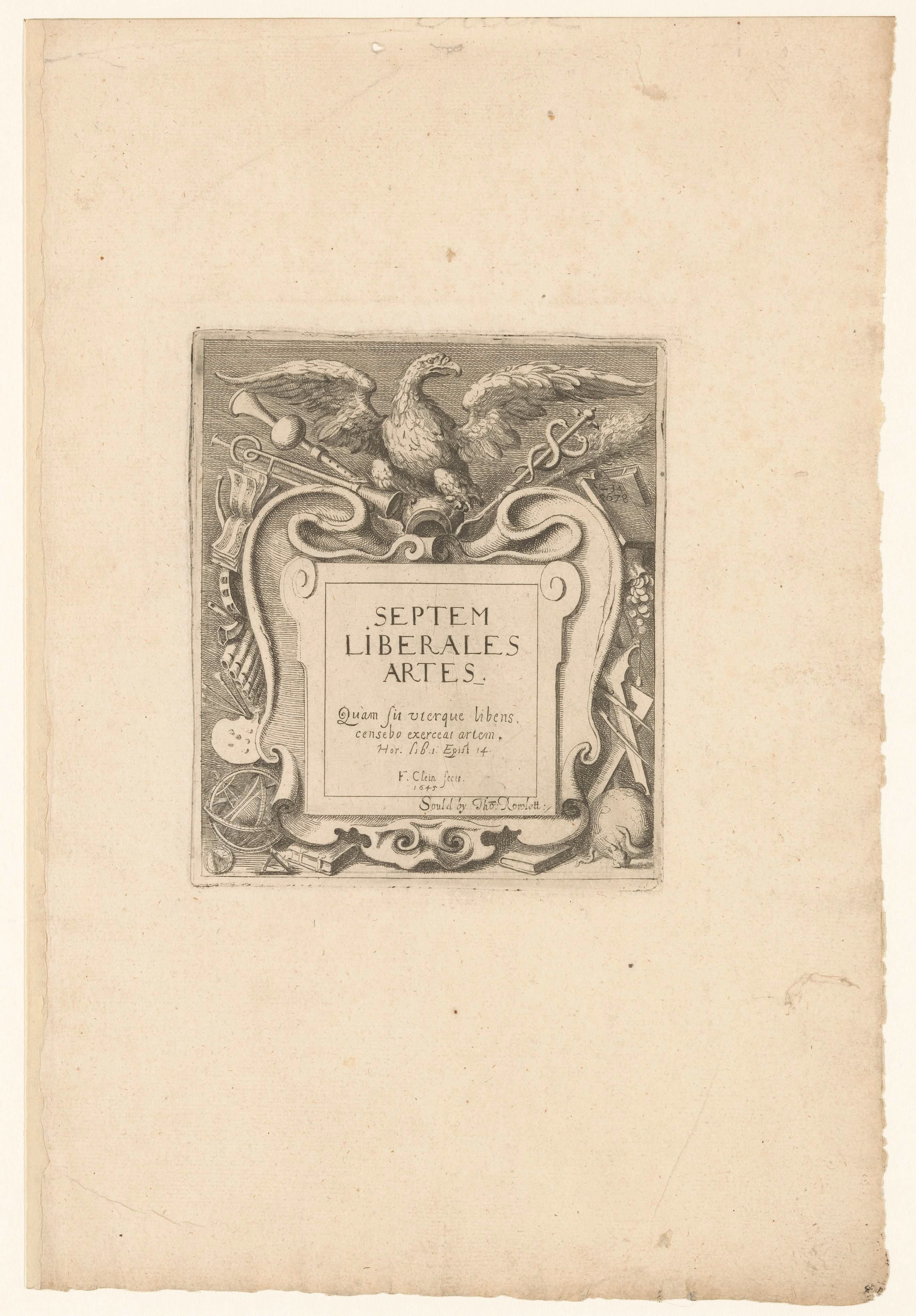 Cartouche omlijst met attributen van de vrije kunsten