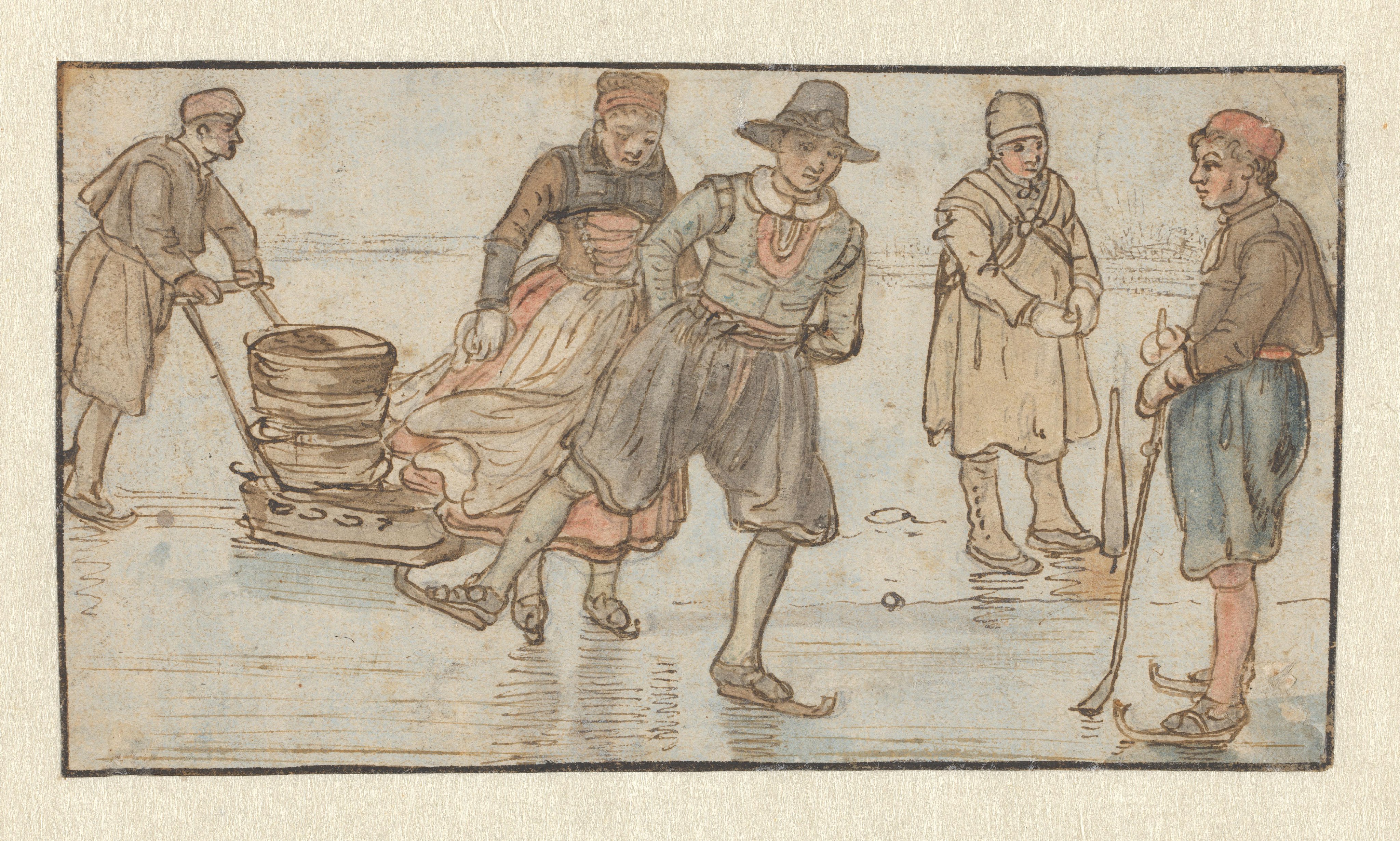 Skaters on the Ice, a Man Pushing a Sledge and a Kolf-player / verso: Two Skaters