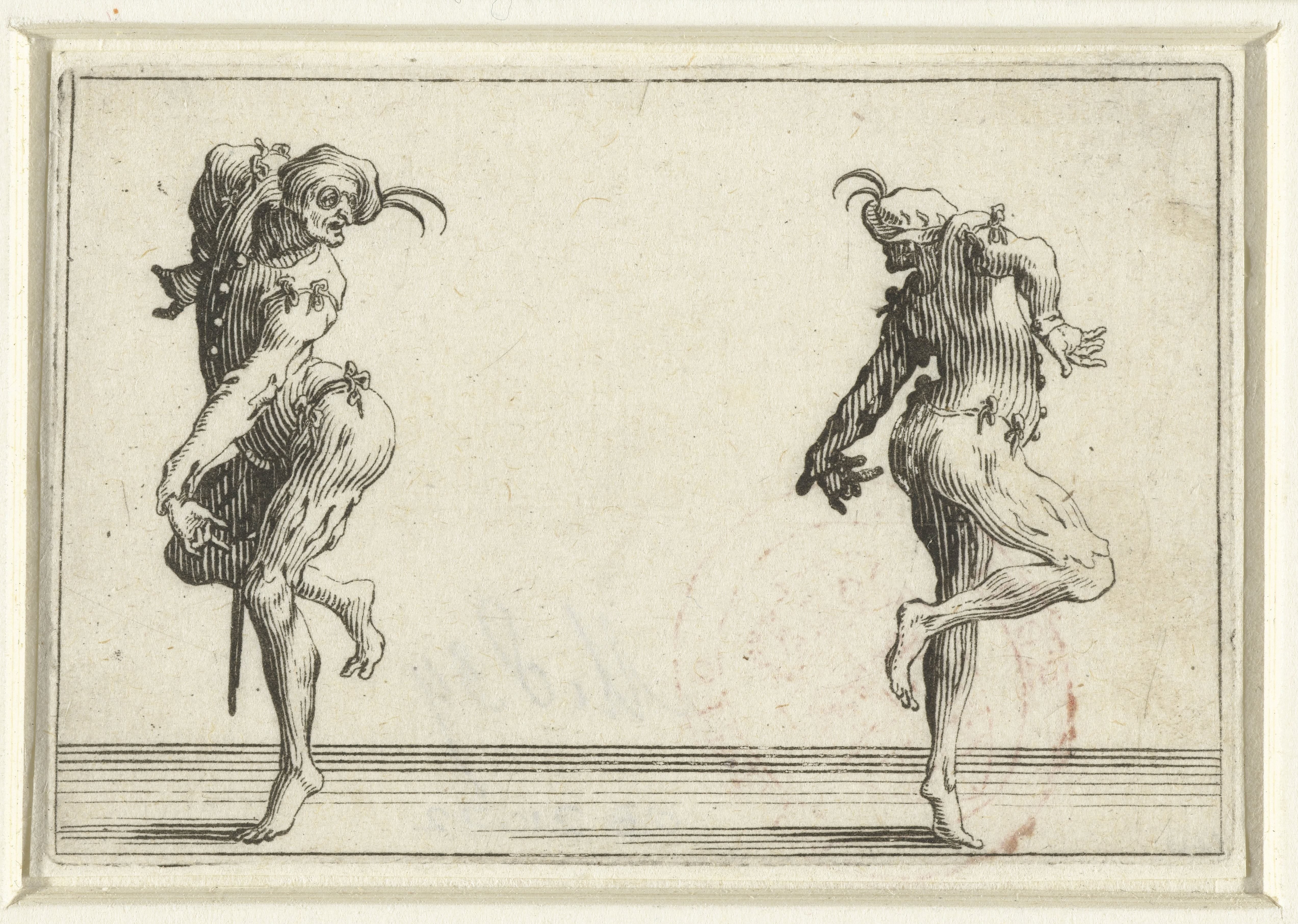 Twee dansers, de een op de linkerzijde, de ander op de rechterzijde gezien
