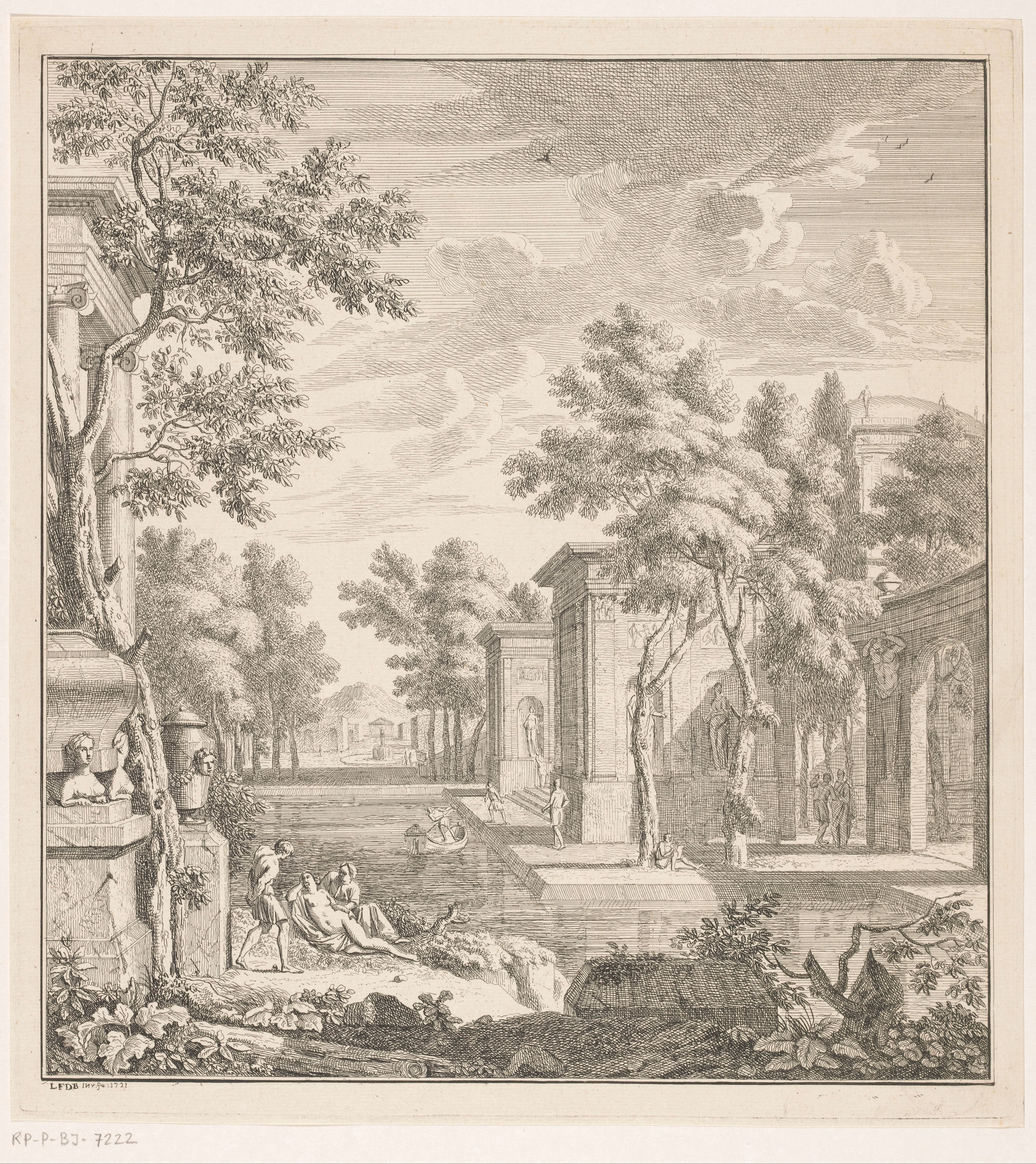 Arcadisch landschap met mannen en vrouwen bij een tempel