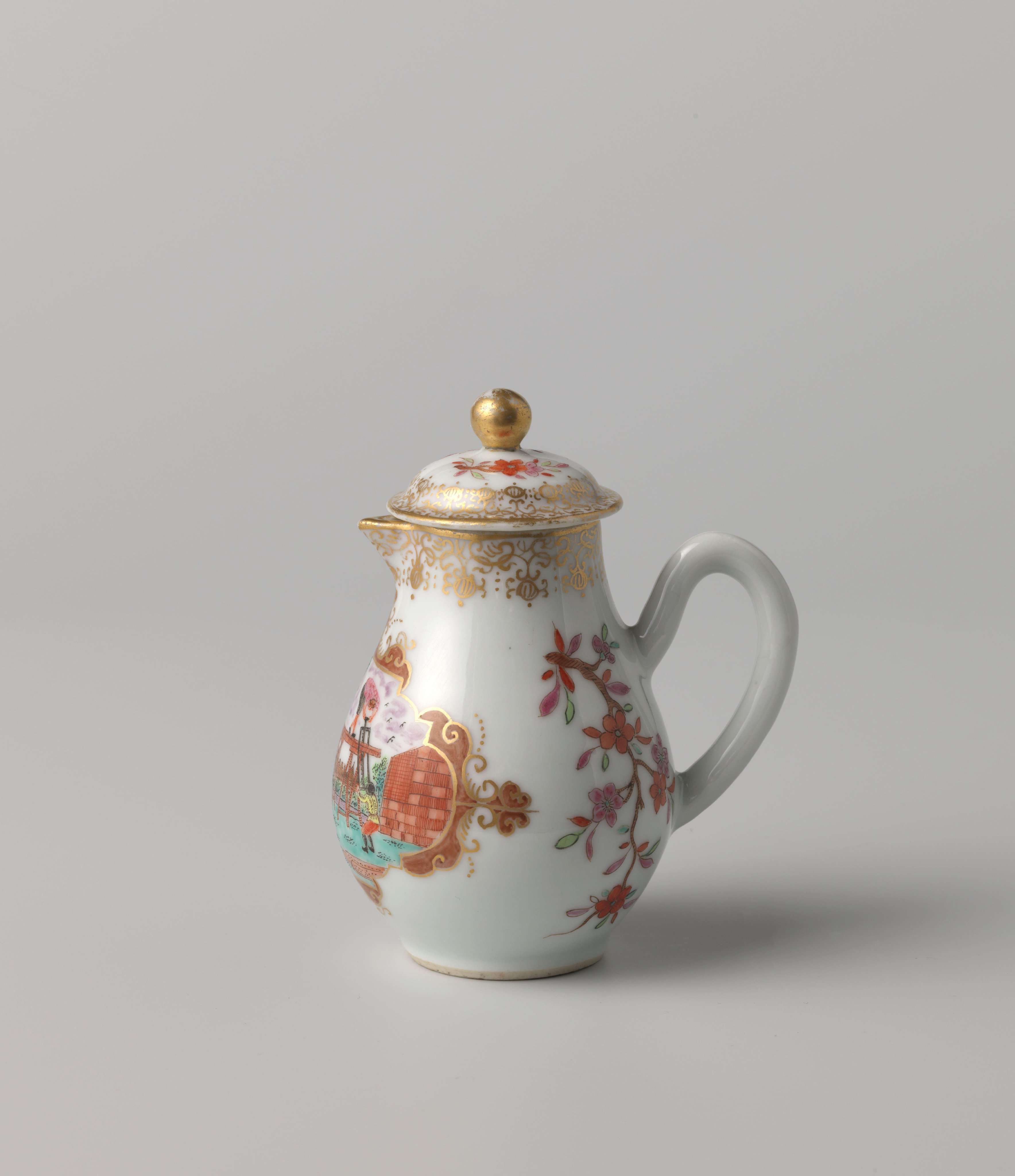 Pear-shaped milk jug with Europeans in a landscape and two flower sprays