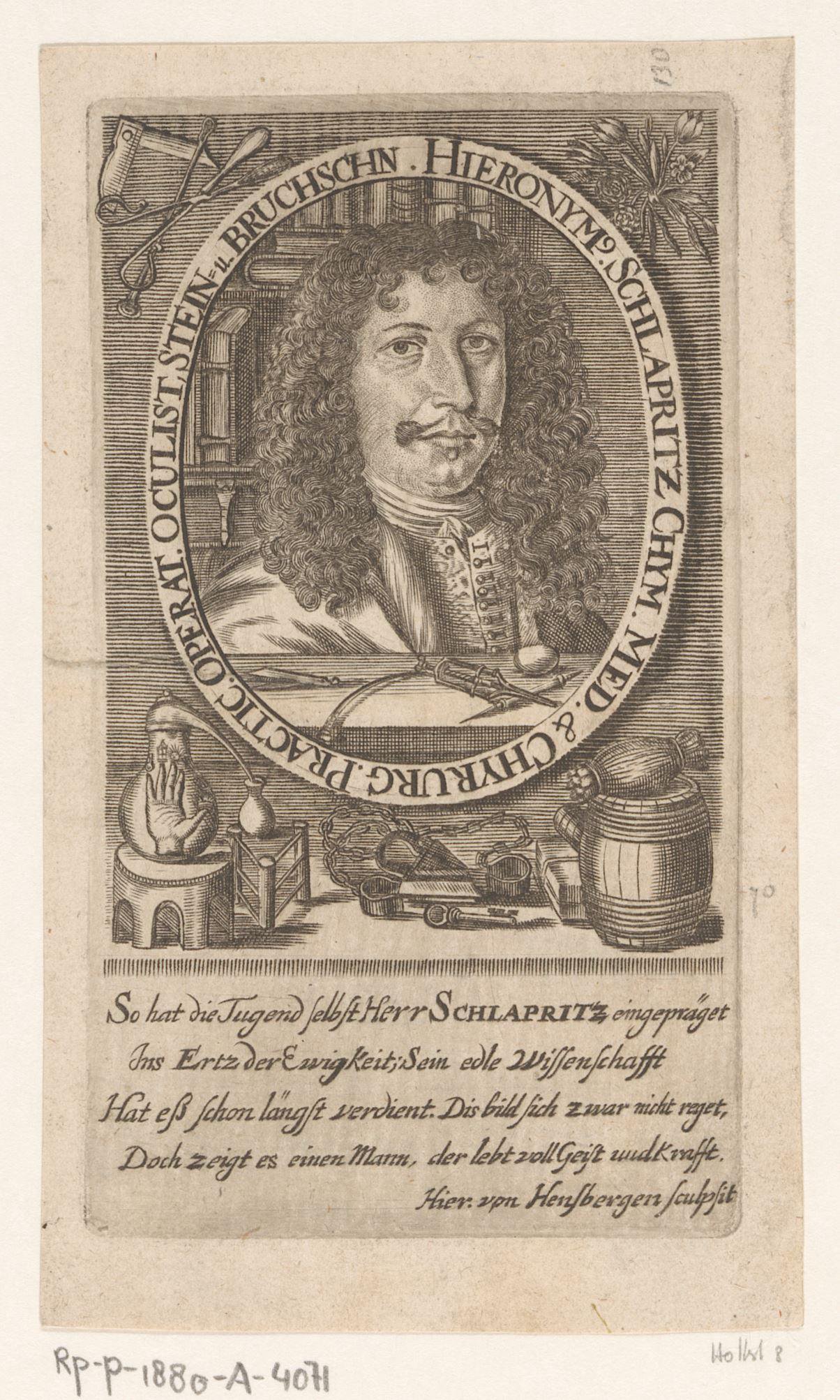 Portret van Hieronymus Schlapriz omgeven door medische instrumenten