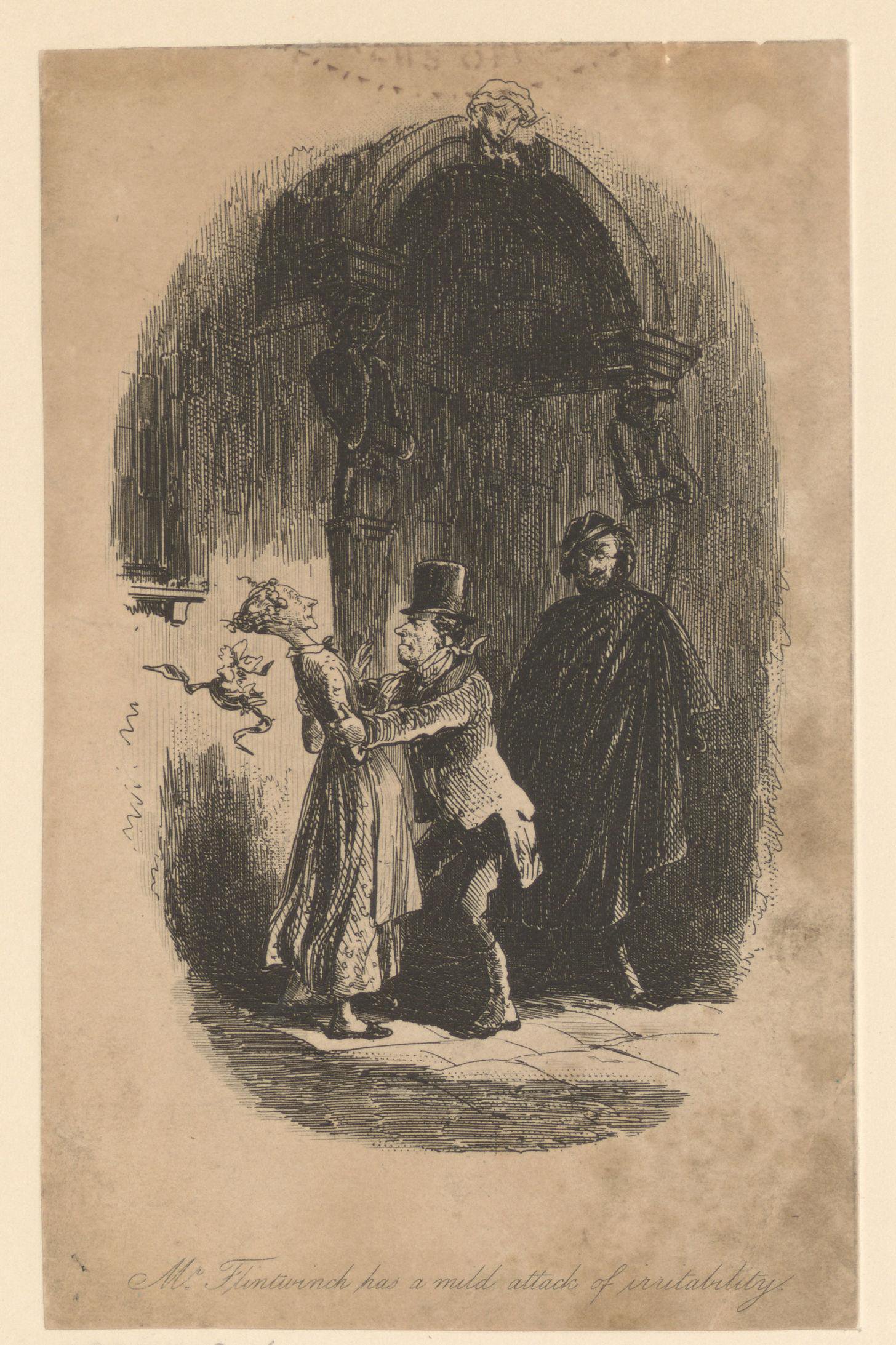 Jeremiah Flintwinch uit Charles Dickens' Little Dorrit grijpt een vrouw bij haar armen